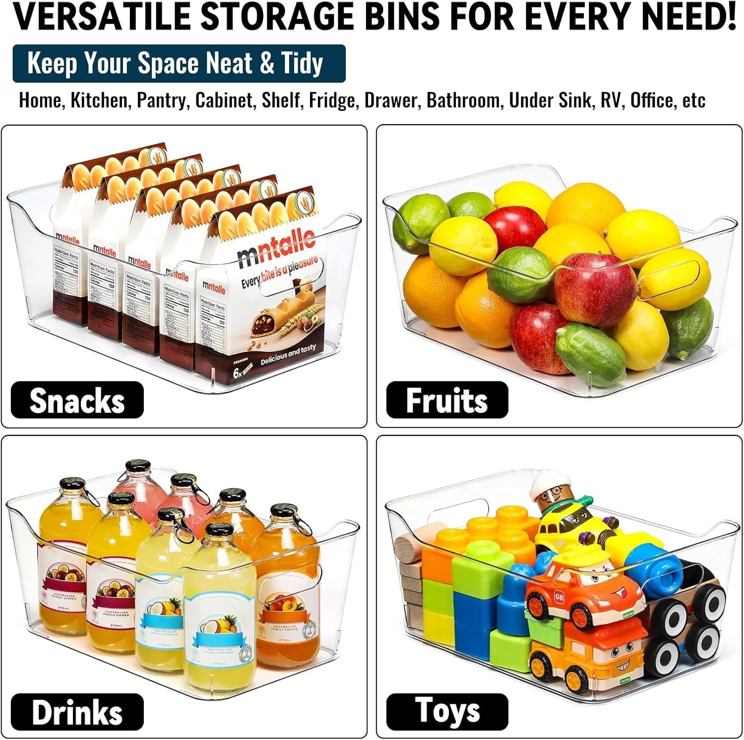 Landneoo XL Storage Bins Clear Thick Plastic Shatterproof w/ Labels (12-Pk)