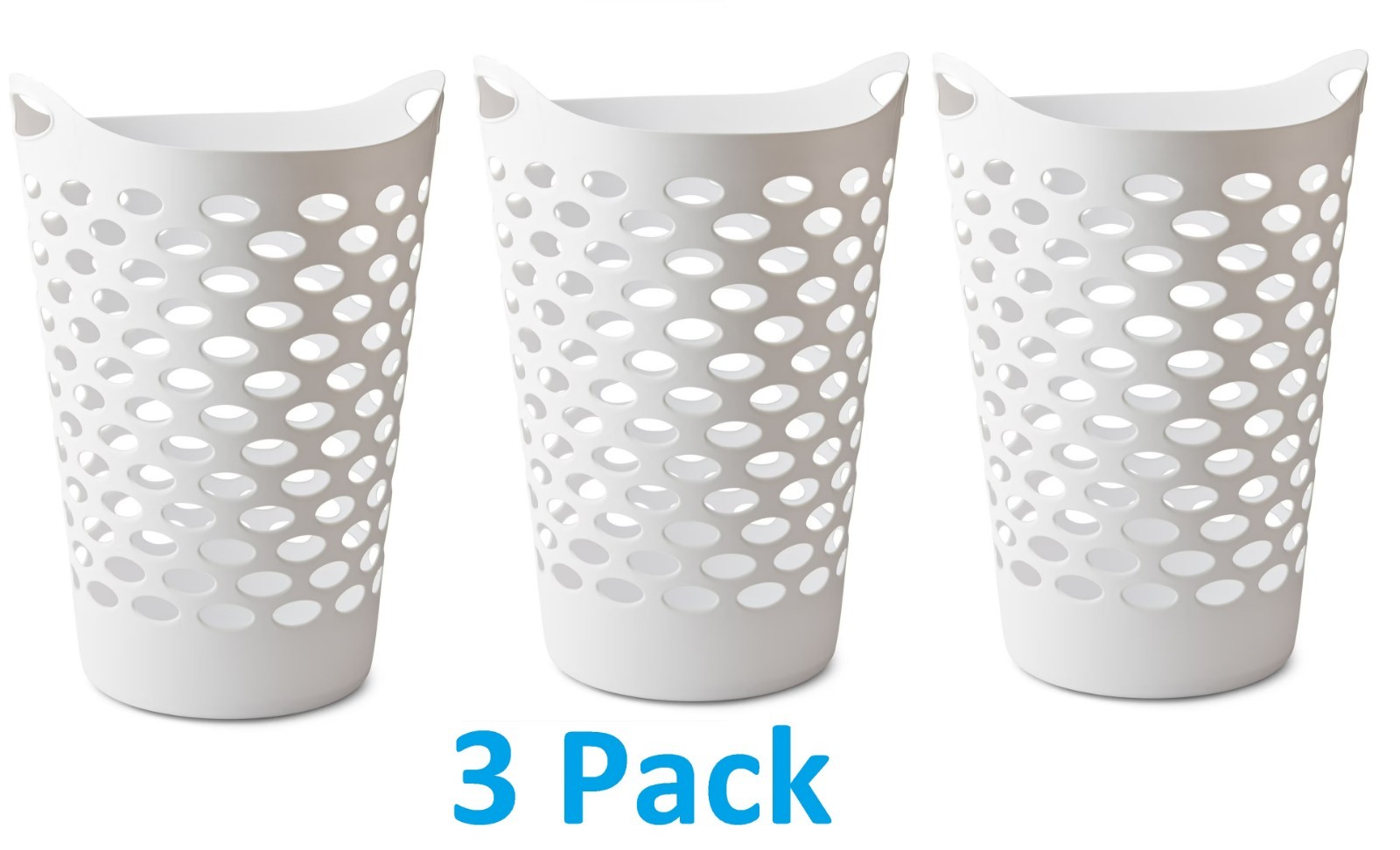 (3 pack) Mainstays Plastic Round Laundry Hamper, White, with Carrying Handles