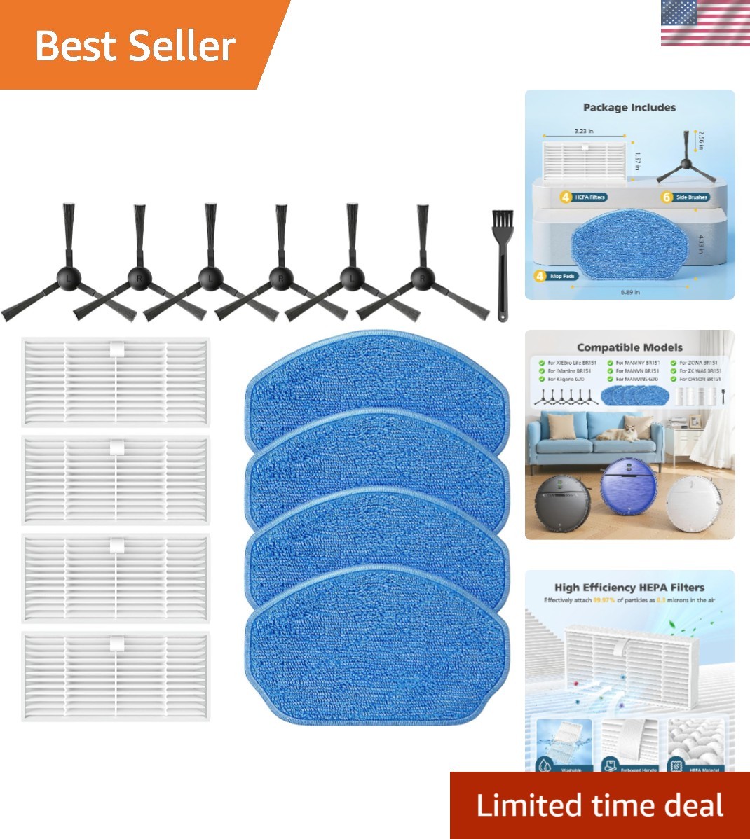 Complete BR151 Replacement Accessories: Filters, Mop Pads & 6 Side Brushes