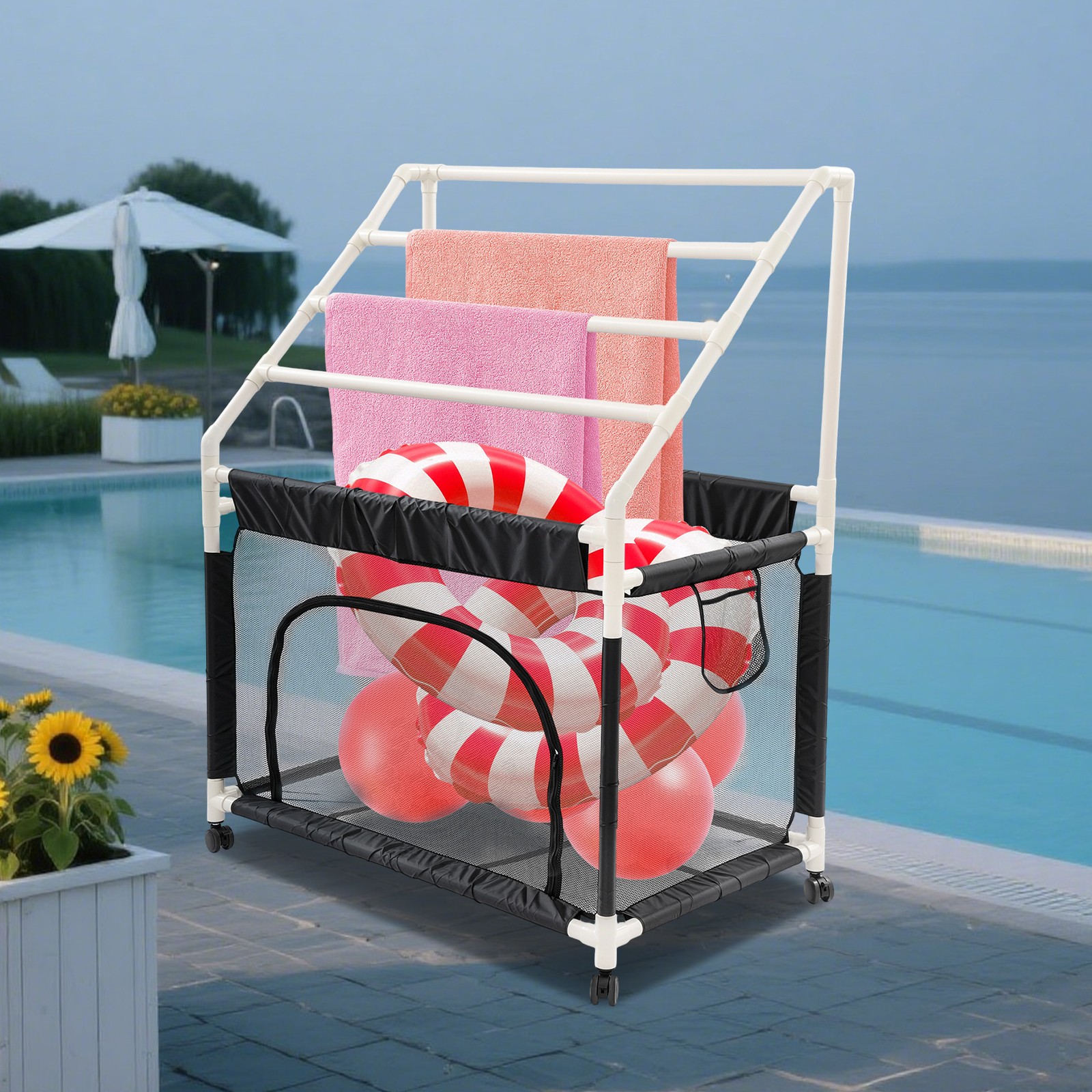 Rolling Pool Noodle Storage Organizer Bin Mesh Organizer Pool Storage Bin