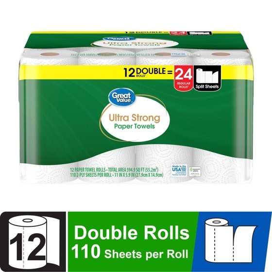 (2 pack) Great Value Ultra Strong Paper Towels, White, 12 Double Rolls, 1320