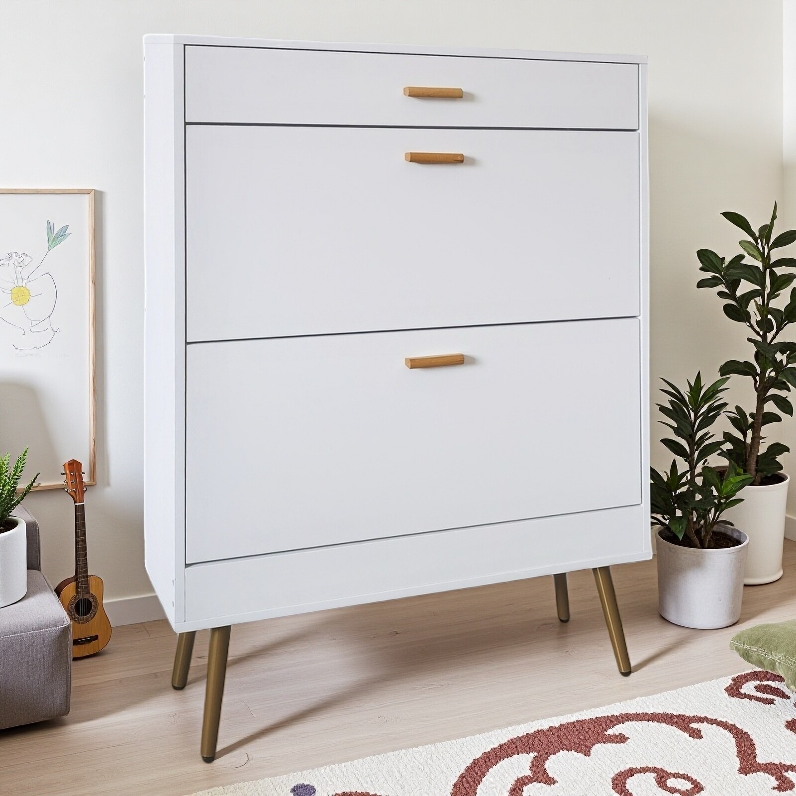 White 2 Flip Drawers Shoe Cabinet, Luxury Shoe Storage & Shoe Rack