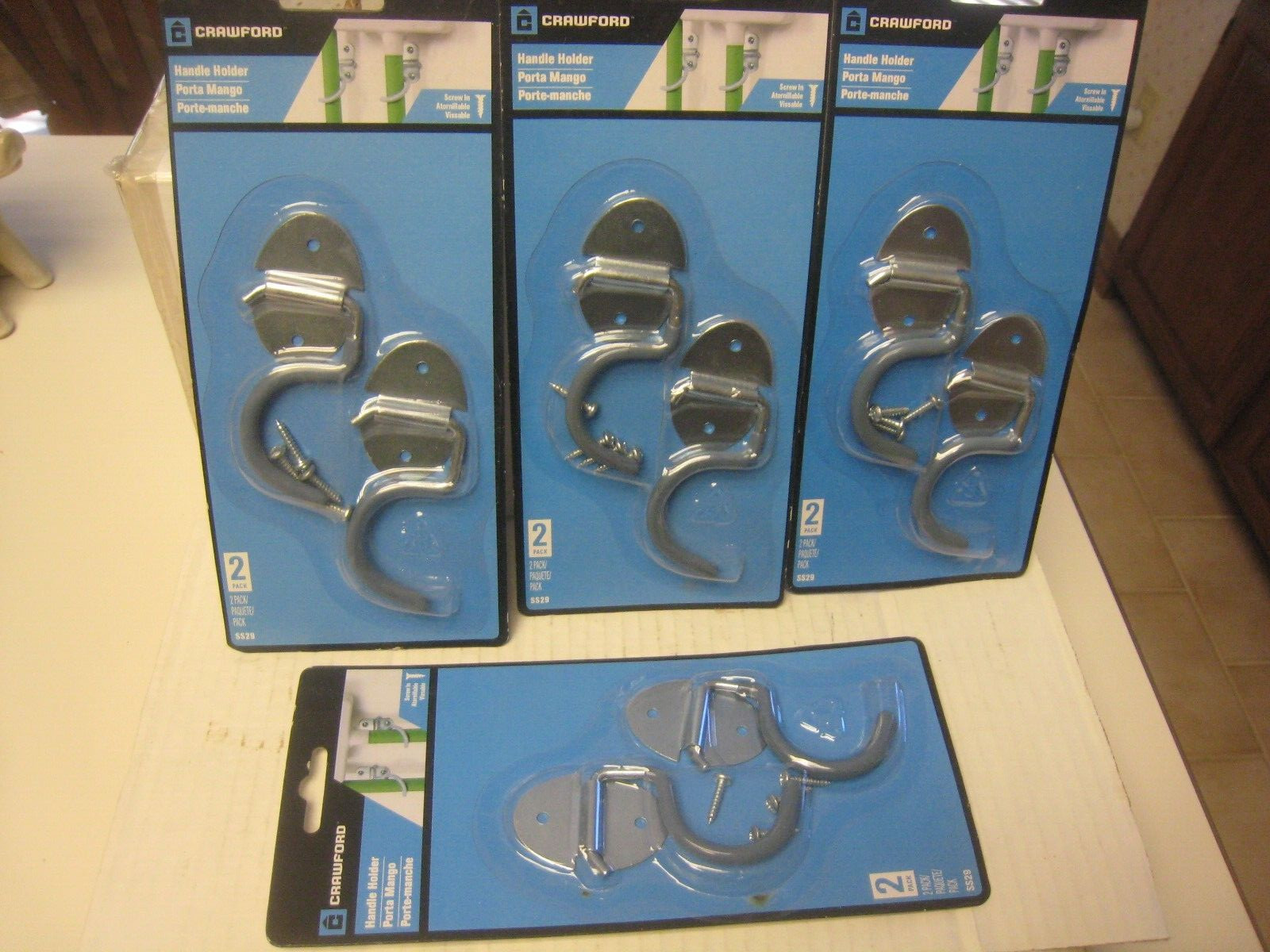 4 yes 4 TWIN PACKS Crawford Products SS29 Handle Holder Hook, Grey 8 hooks tota