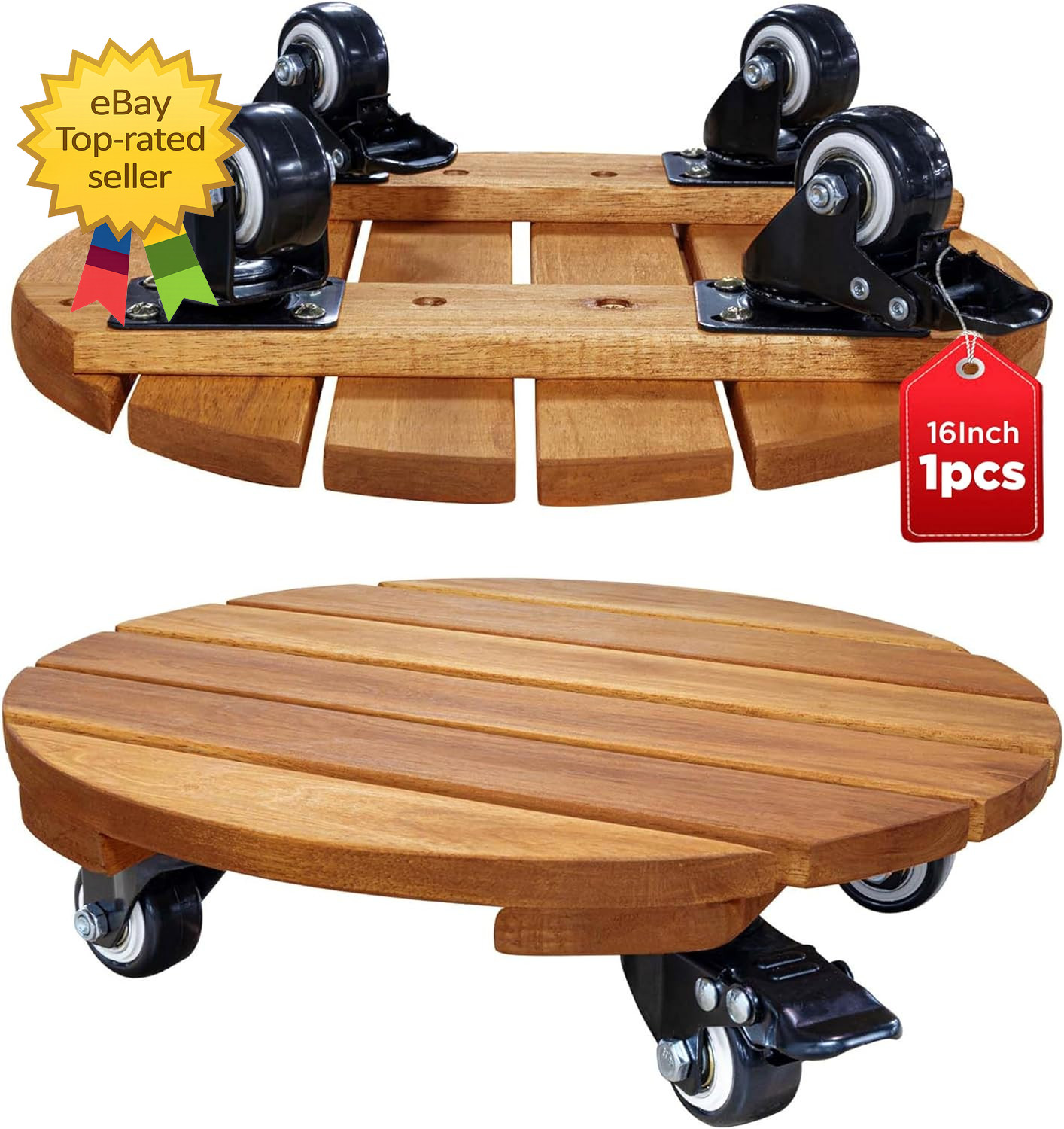 16 Inch Wood Plant Caddy with Lockable Wheels Heavy Duty 500 Lb Capacity Dolly