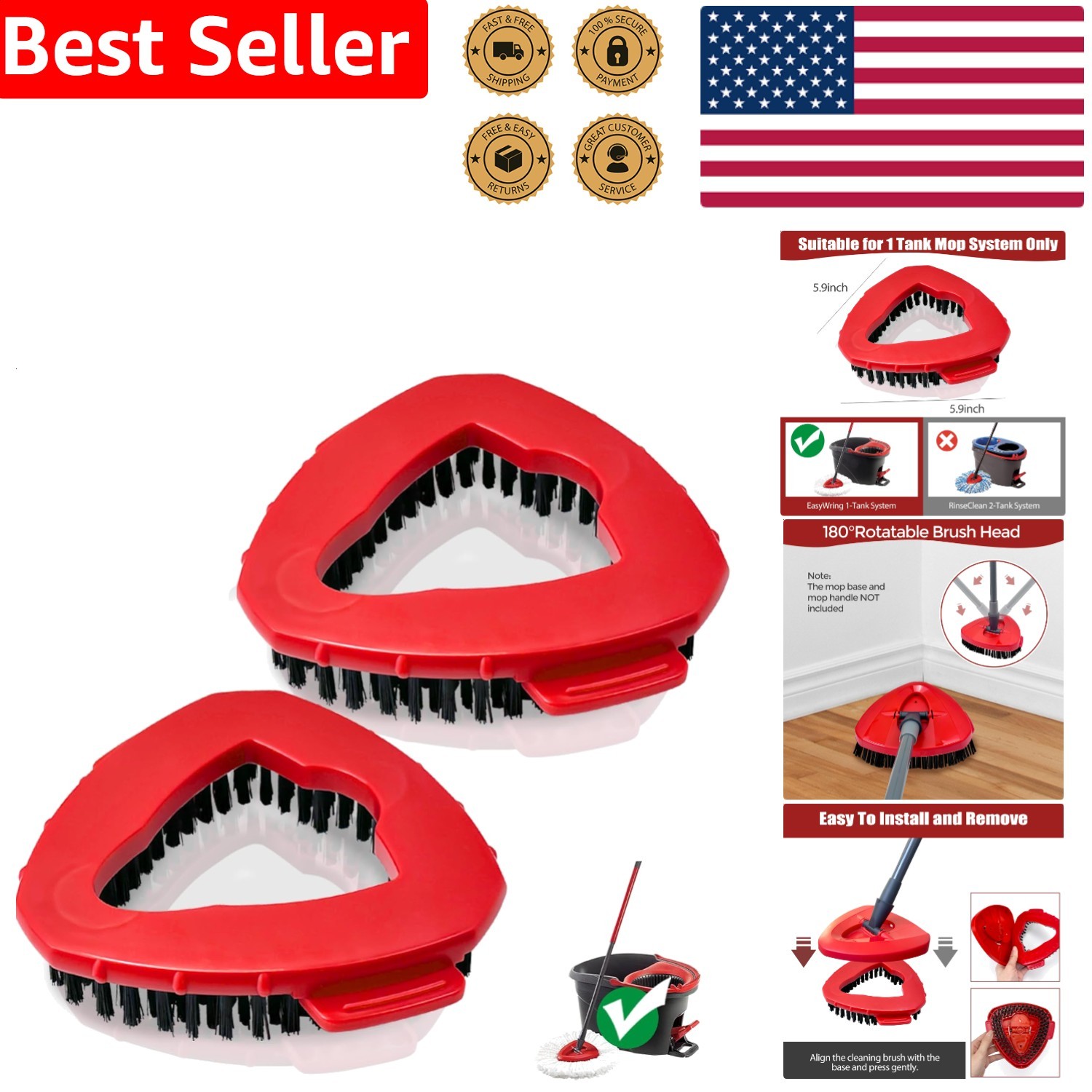 Mop Scrubber Head (2X) Stiff Nylon Bristles for Kitchen Bath Floor Tile & Walls