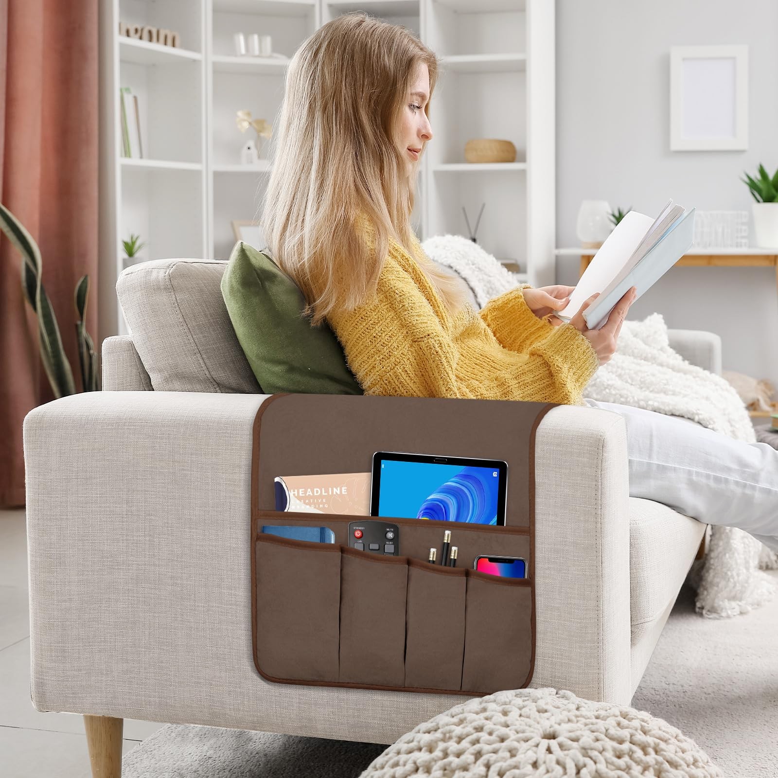 Brown Remote Control Holder Armchair Couch Bedside Organizer 5 Pockets