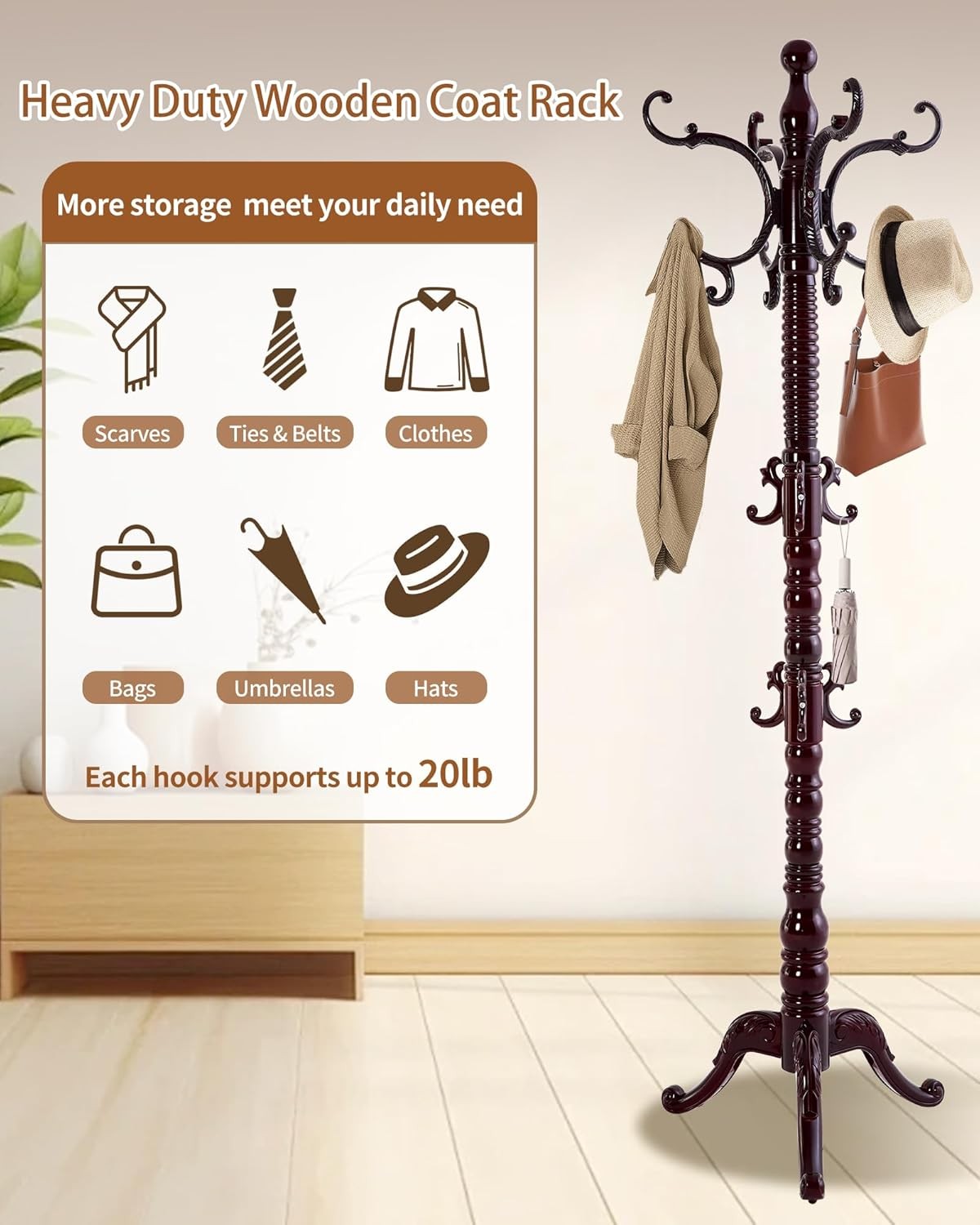 Wooden Coat Rack Freestanding Solid Wood Coat Rack Stand W/ 14 Hooks Vintage