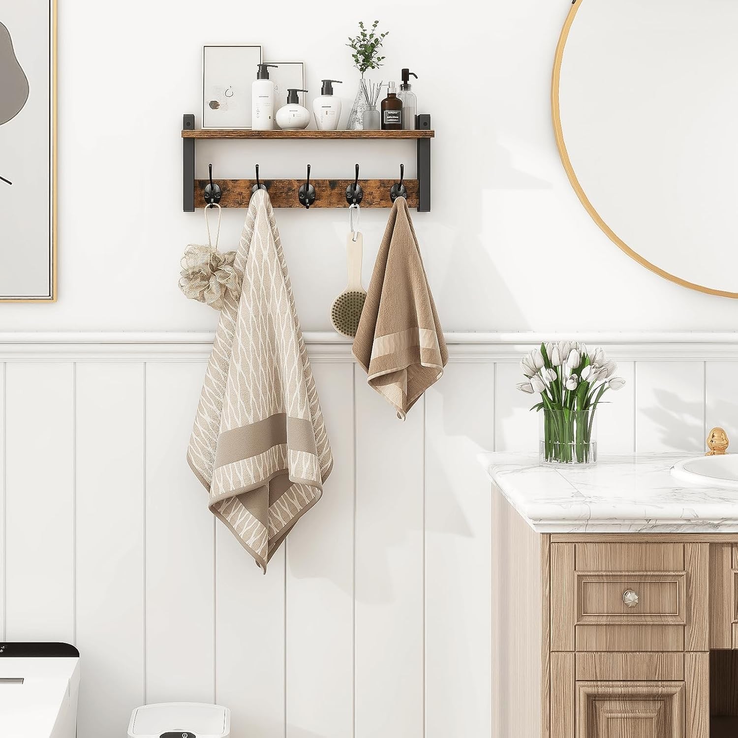 Wooden Wall-Mounted Coat Hanging Rack with Shelf and Hooks, Rustic – Brown Black