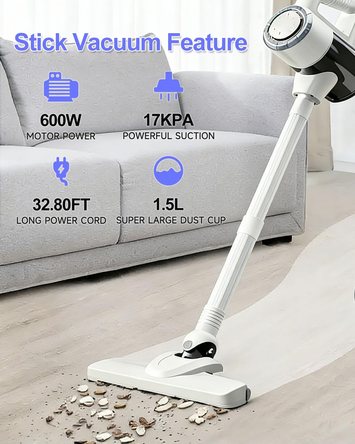 Aivacod Corded Stick Vacuum Cleaner with 33 Feet Long Power Cable, 600W 17Kpa…
