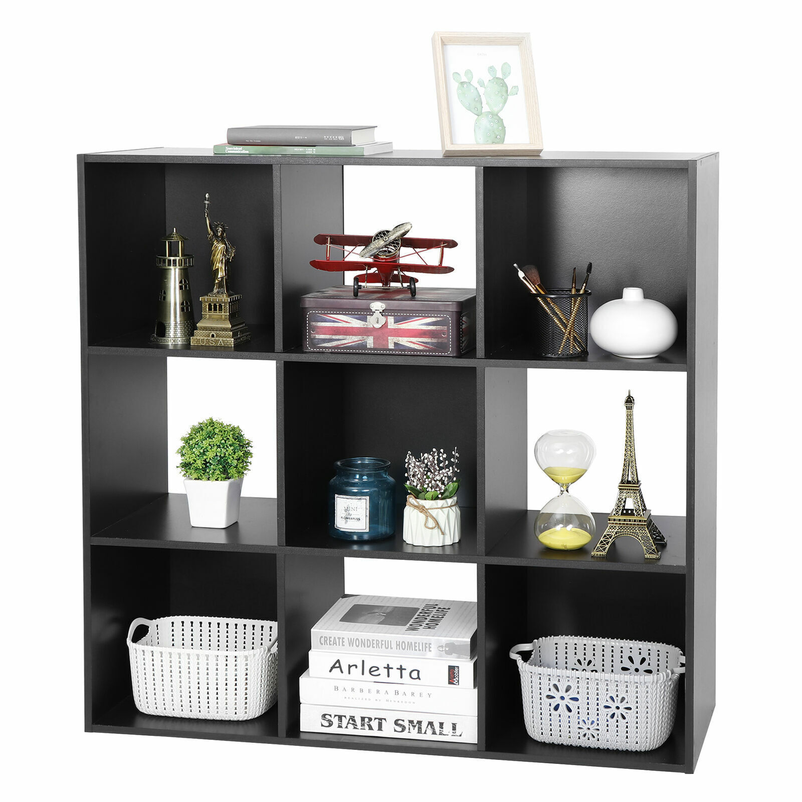 3 Tier 9-Cube Wooden Organizer Storage Cabinet Bookcase Shelving W/Back Panels