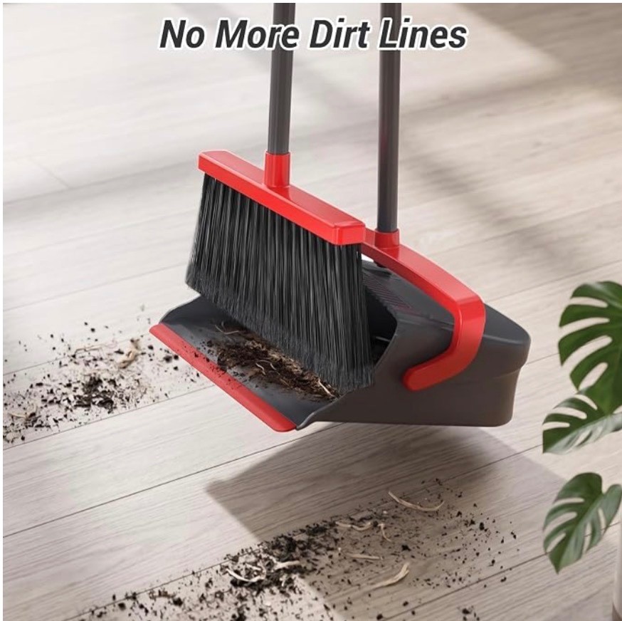 Broom Dustpan Set Long Handle Self Cleaning Pet Hair Dust Indoor Outdoor