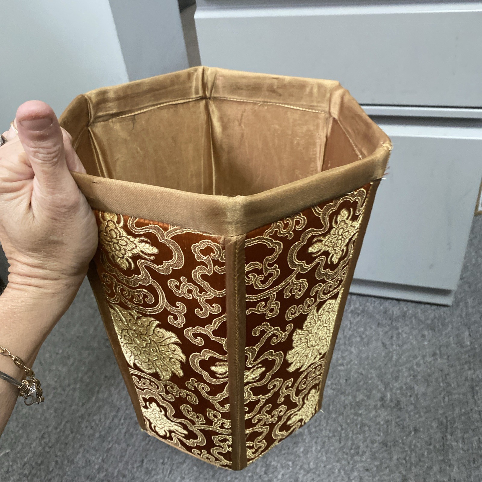 VTG Chinese Silk Brocade Hexagonal Waste paper Trash Basket Mcm 11.5x9x8″