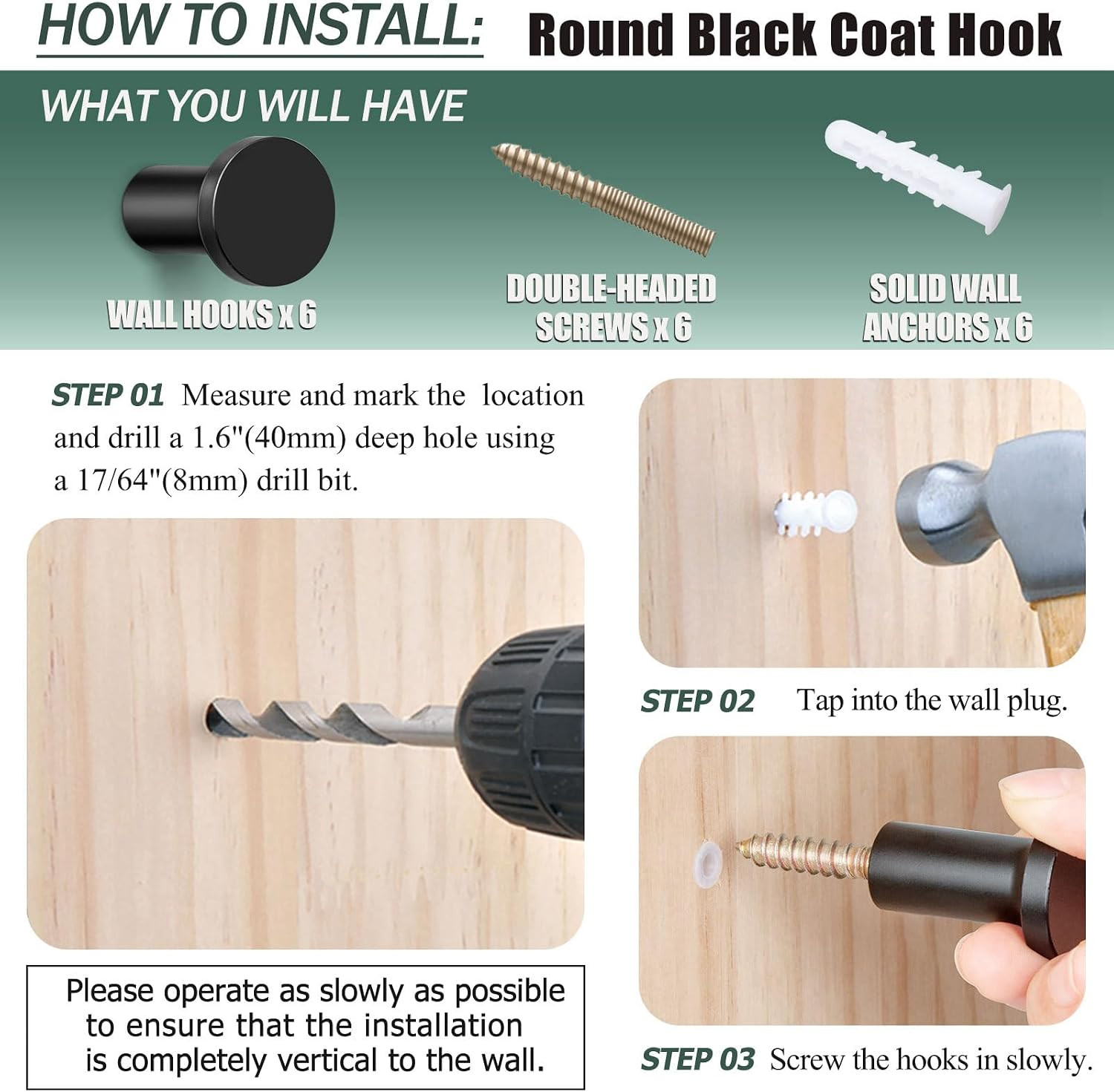 6 Pack Black Coat Hooks Wall Mount Minimalist (1″ Diameter) | Machining of Solid