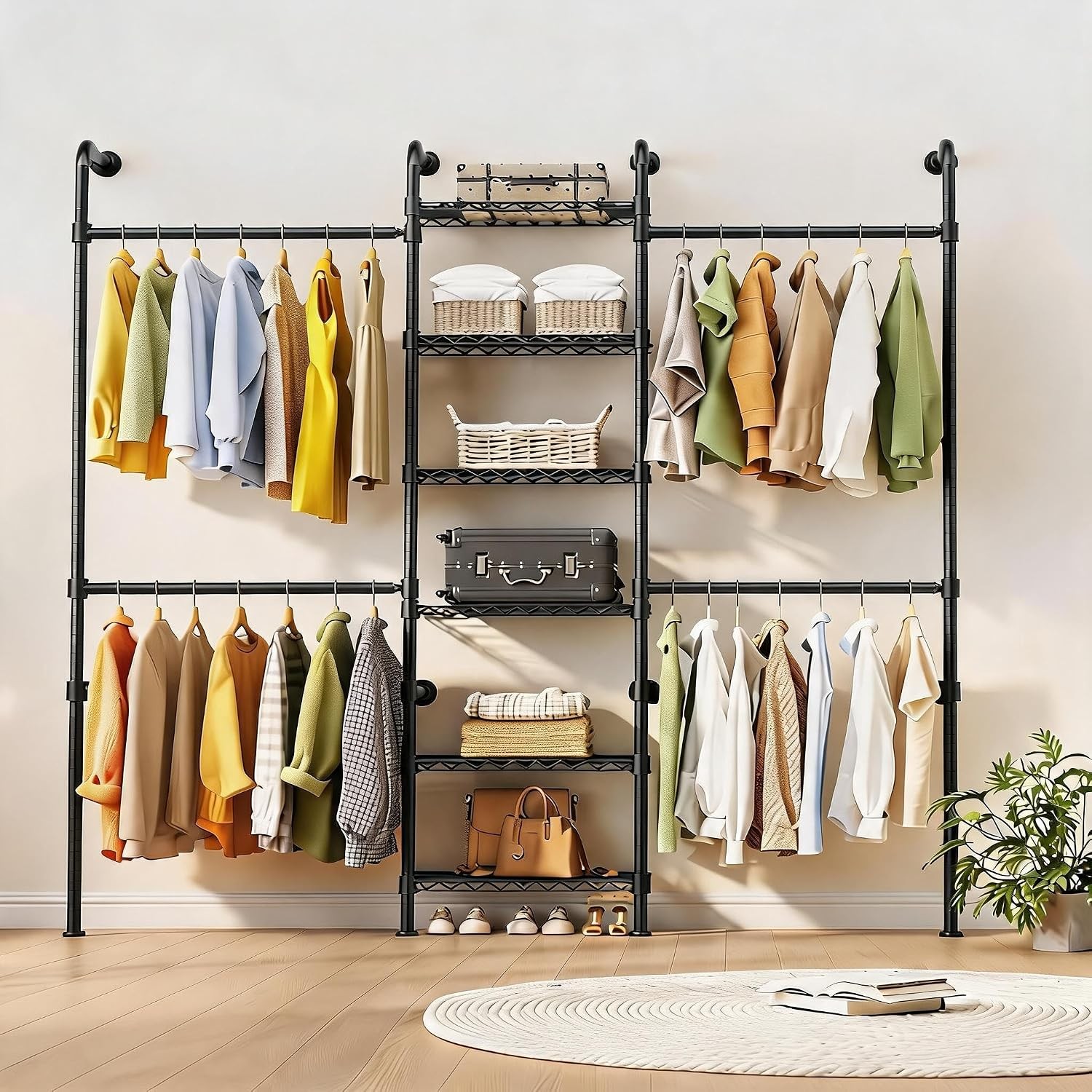 Wall Mounted Garment Rack with 4 Hanging Rods for Clothes Storage 6 Wire Shelves