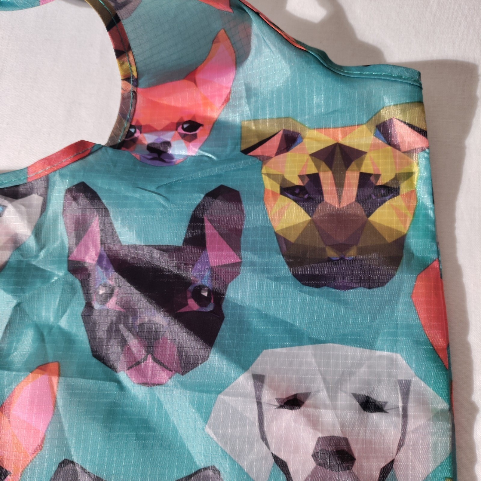 BeeGreen Reusable Nylon Shopping Teal/ Blue Tote Bag with Dog Faces All Over