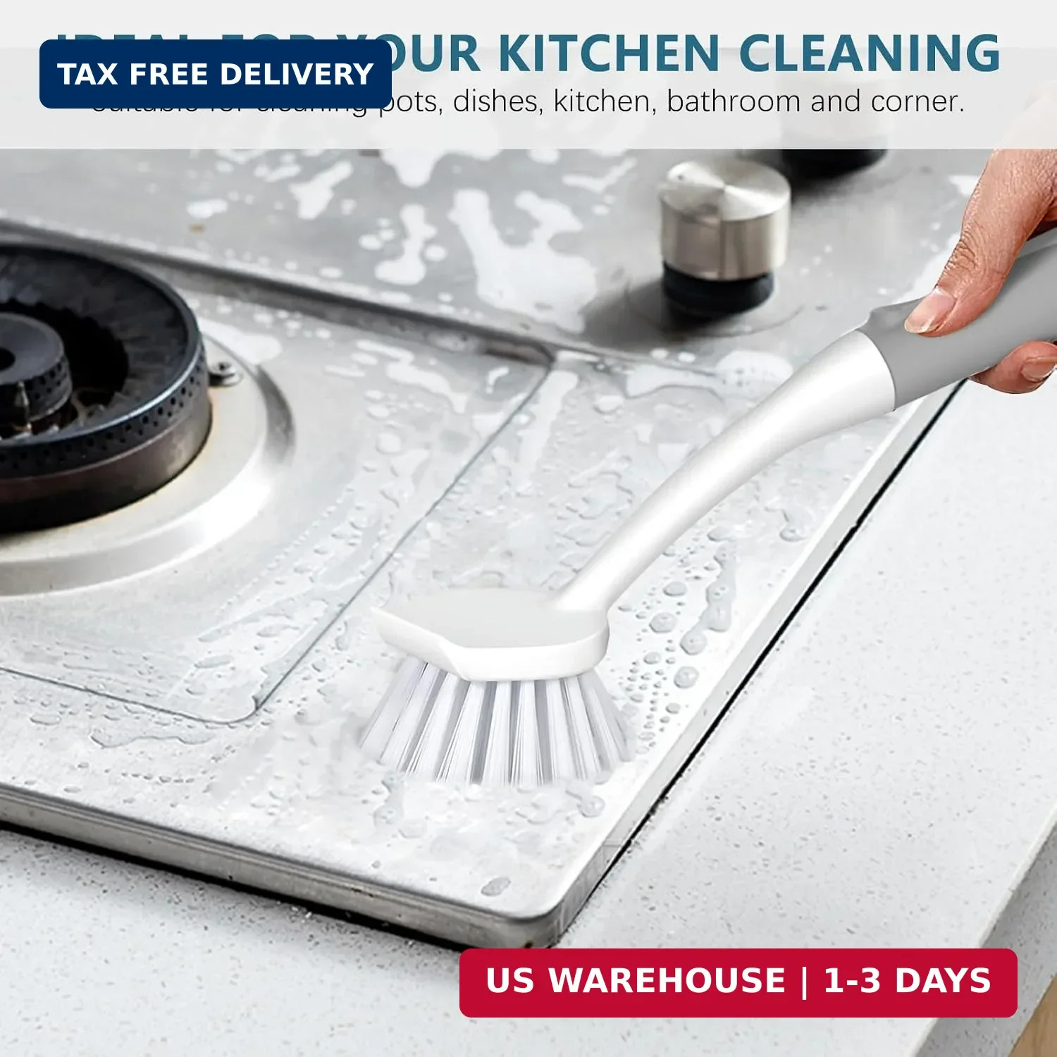 3 Pack Dish Brush Set, Long Handle Kitchen Scrub Brush, Gray | Built-In Scraper