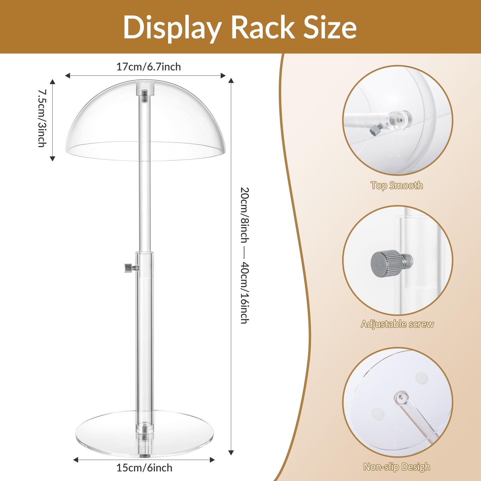 Acrylic Hat Display Stand 8-16 inch Adjustable, Clear Domed Hat Stand Rack for B