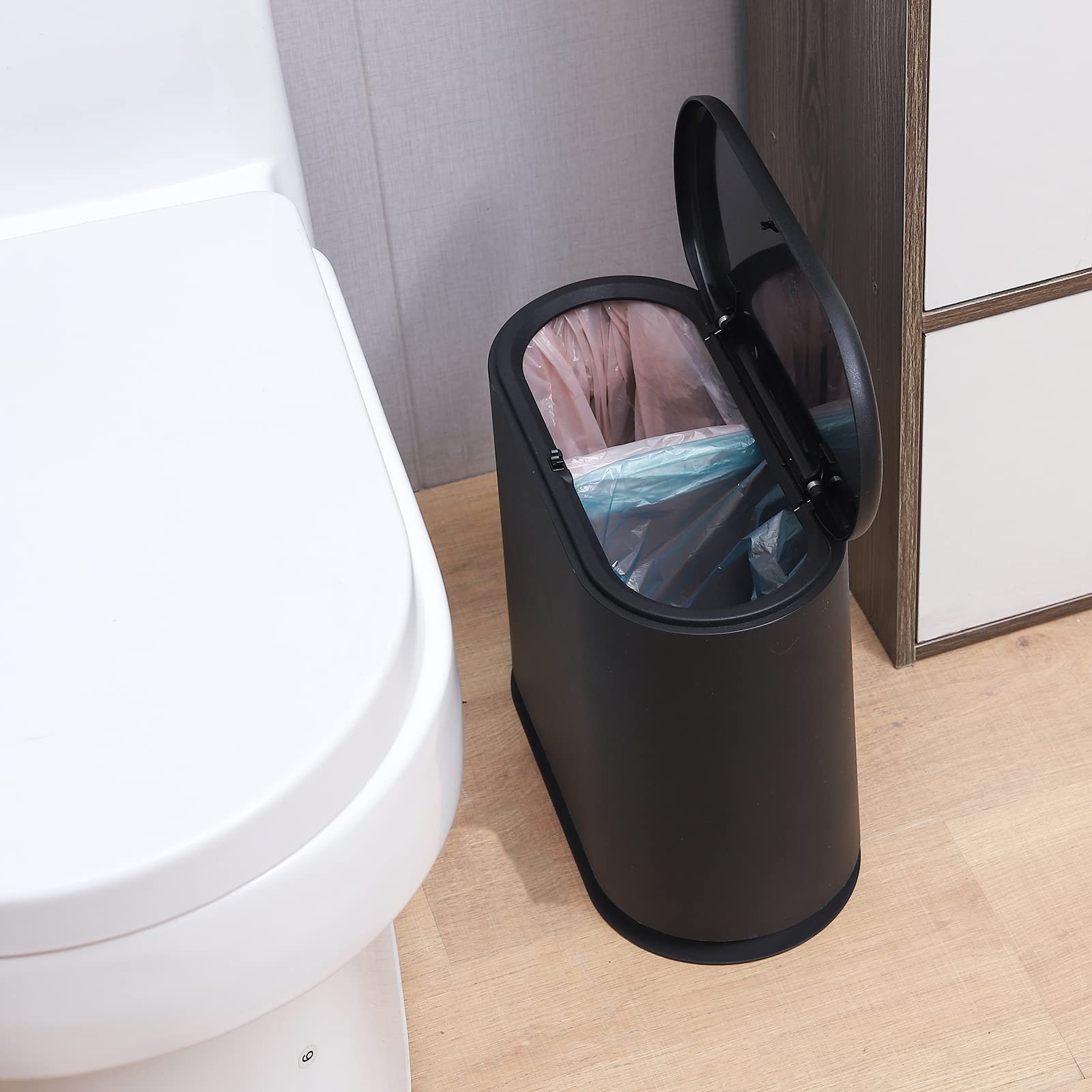 White 12L 2.7 Gallon Slim Plastic Bathroom Trash Can Press Lid Dog Proof