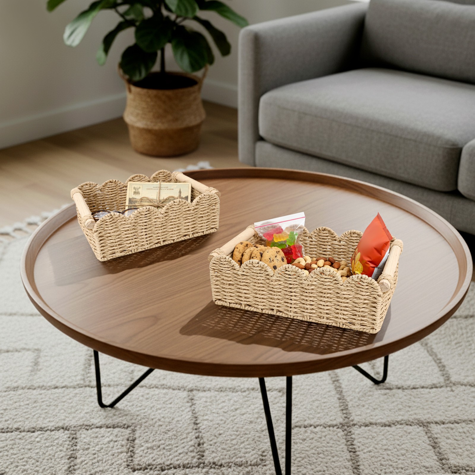 2pcs Scalloped Edge Baskets Toilet Paper Storage Baskets Hand Woven Baskets