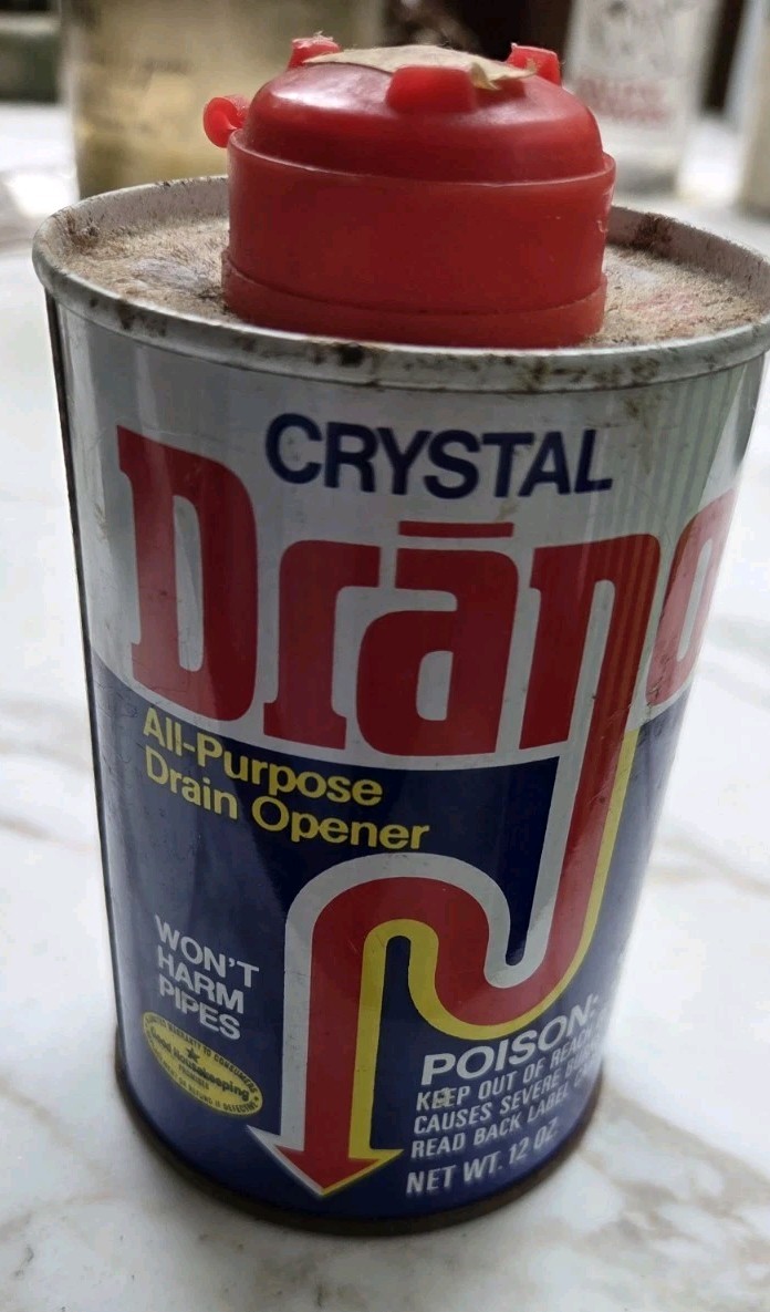 Vintage 1977-1984 Crystal Drano All Purpose Drain Opener 12 oz Metal Can 1/2 Ful