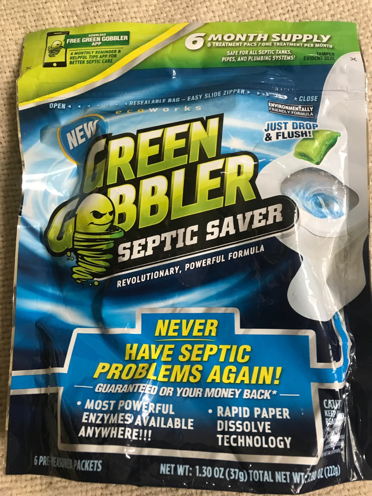 Green Gobbler Septic Saver Bacteria Enzyme Pacs 6 Month Tank Supply Easy NEW