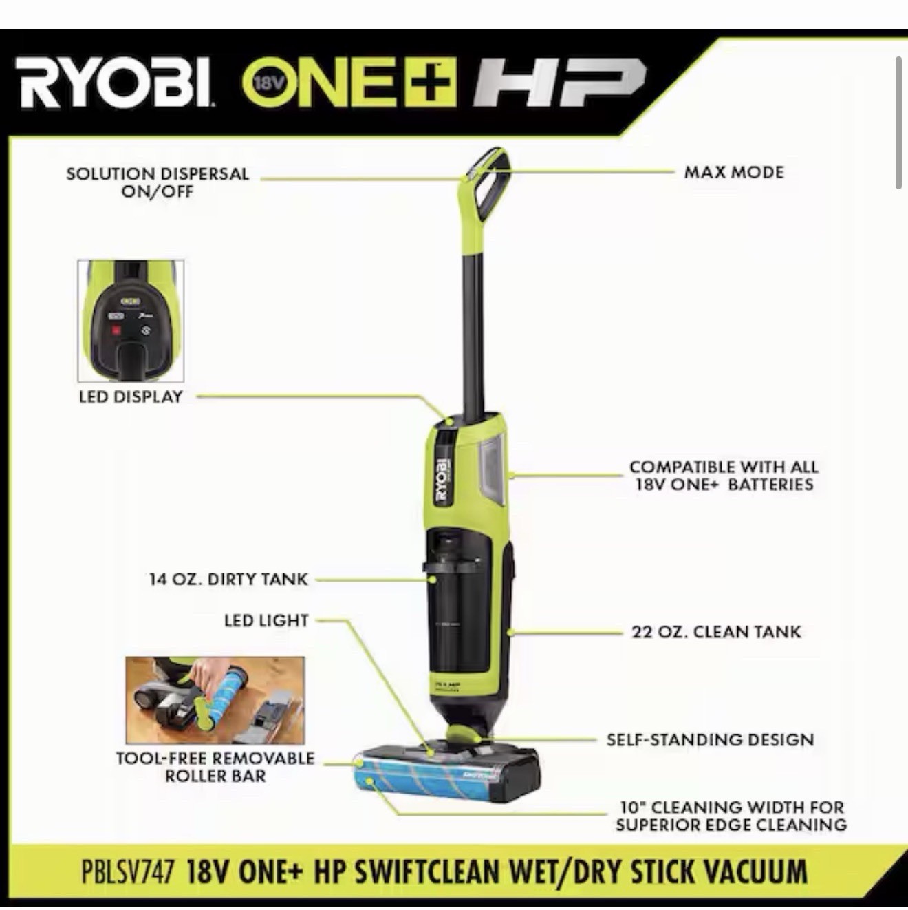 Ryobi ONE+ HP 18V Cordless SWIFTClean Wet/Dry Stick Mop and Vacuum