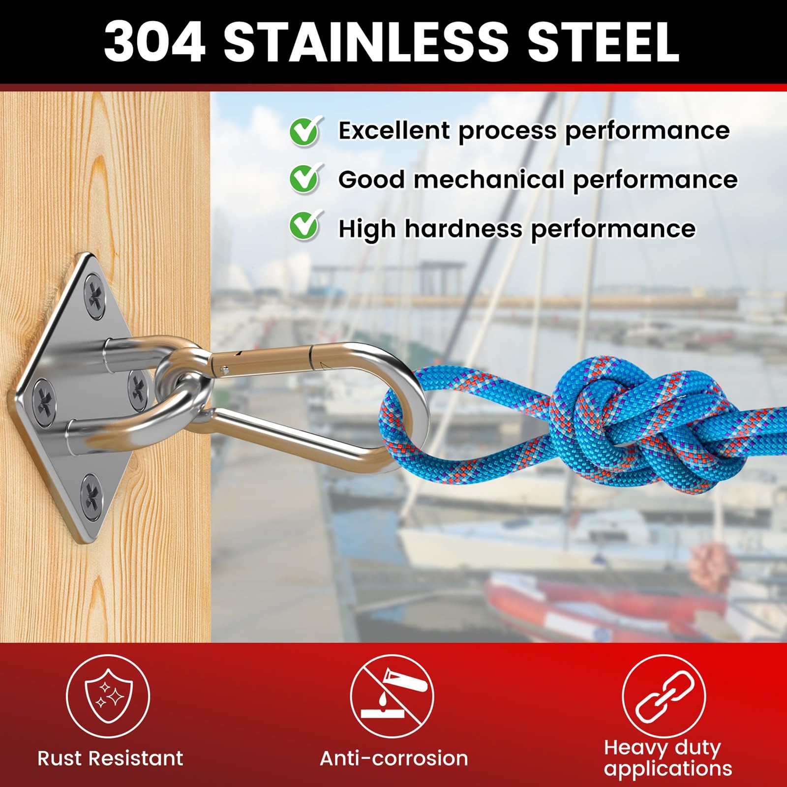 304 Stainless Steel Pad Eye Snap Hook, M5 Ceiling Hook 500Lb,8Pcs | Hanging Kit