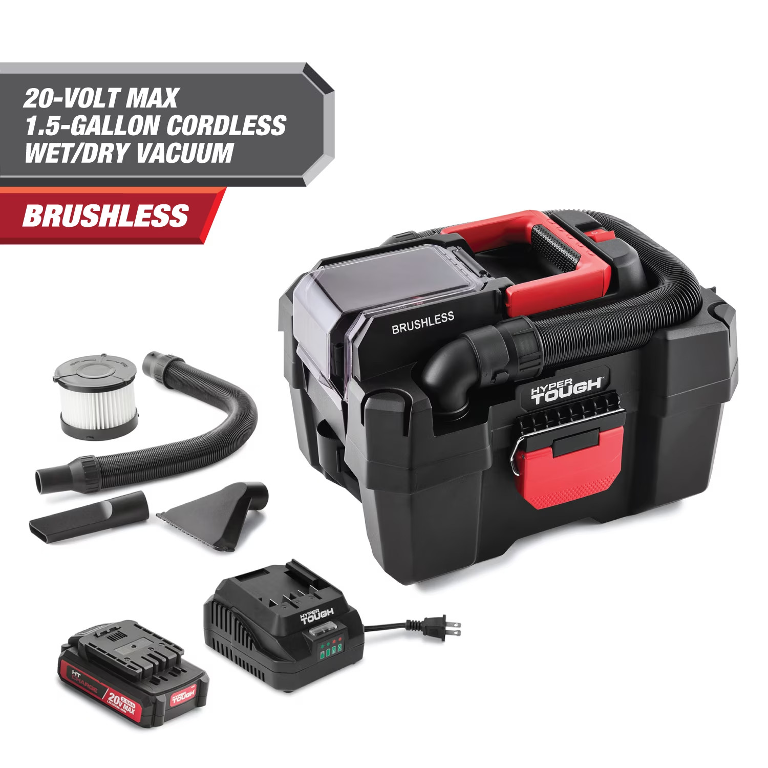 Hyper Tough 1.5 Gallon Wet Dry Vac, 20V Max, Brushless Motor, Cordless