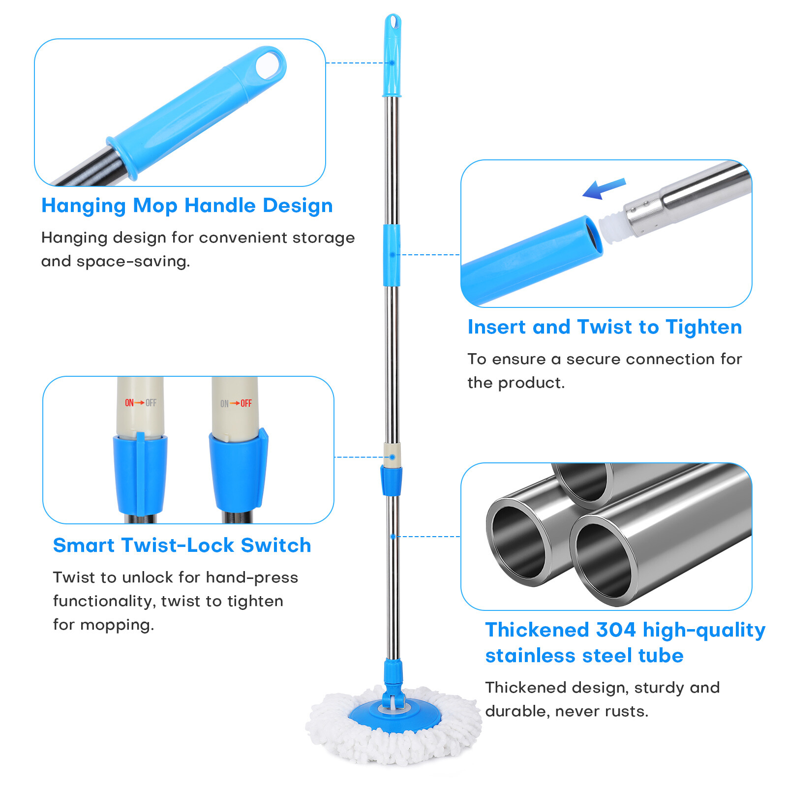 360° Rotating Spin Mop Handle Replacement Adjustable Pole 2 Microfiber Mop Heads