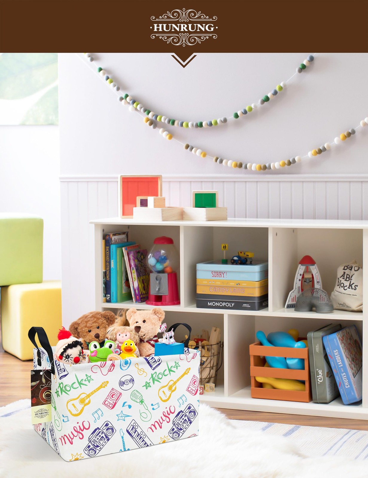 HUNRUNG Canvas Storage Basket Rectangle Organizer Bin for Toys Books