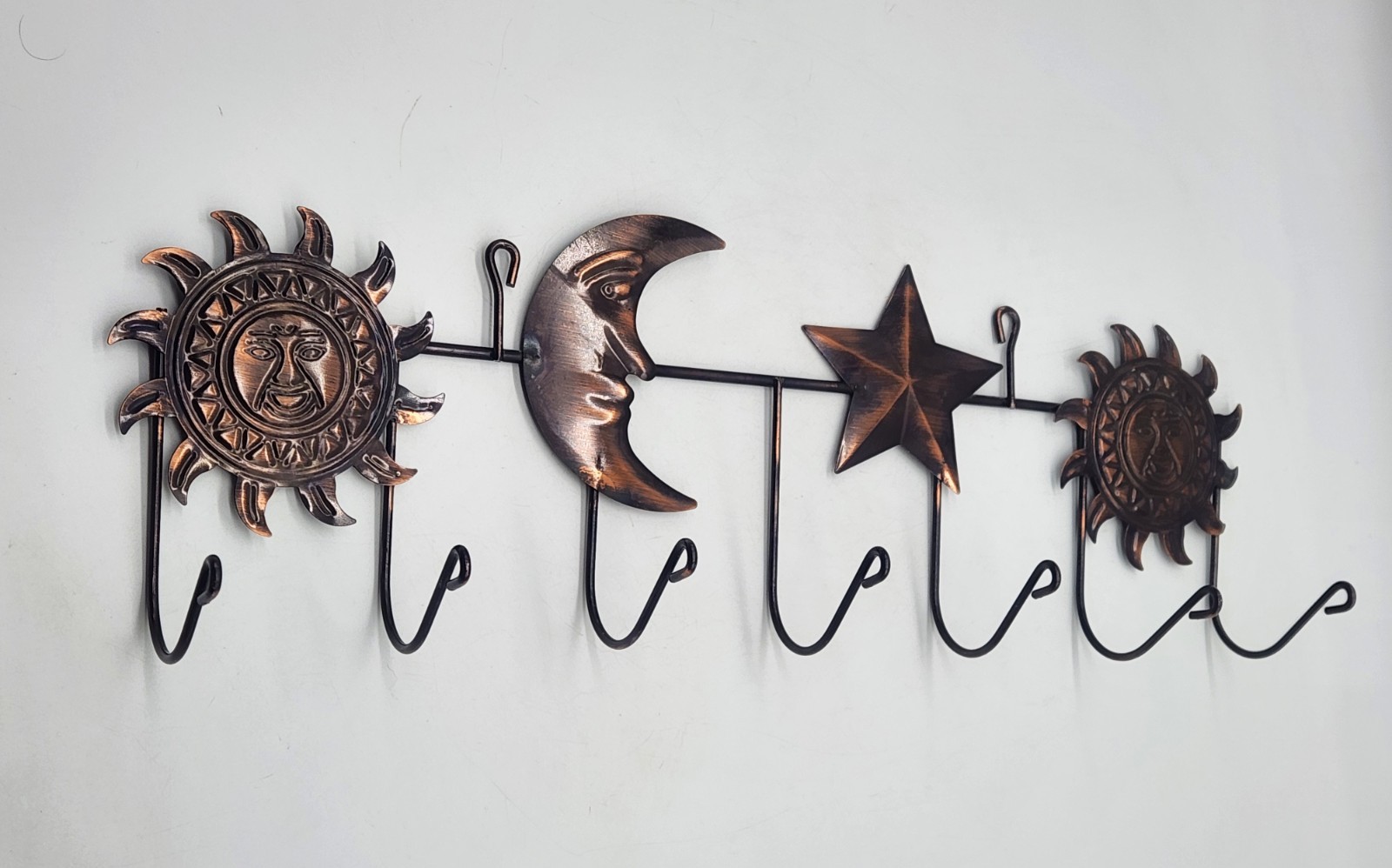 Celestial Sun Moon Star Metal Wall Hook Rack 7 Hooks Rustic Bronze Decor