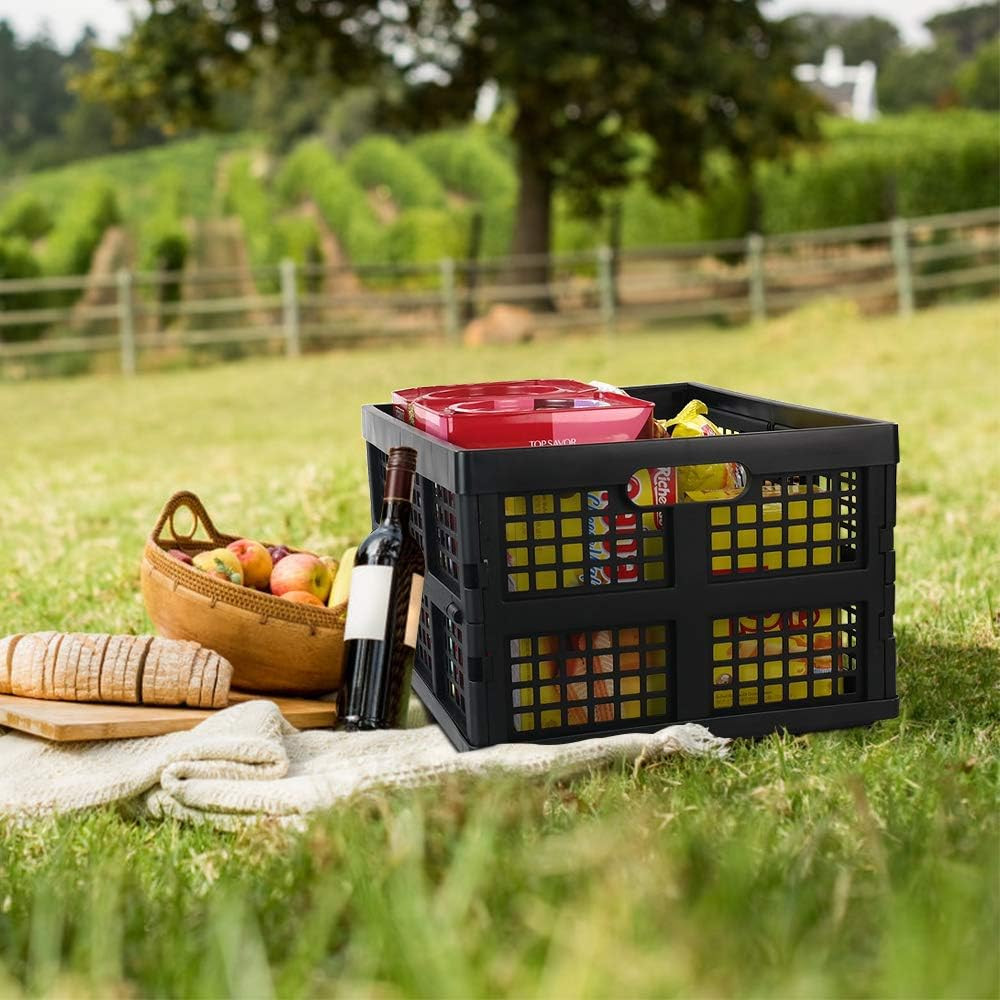 34 L Plastic Rectangular Collapsible Crates, Pack for 3, Black | Folding Crates