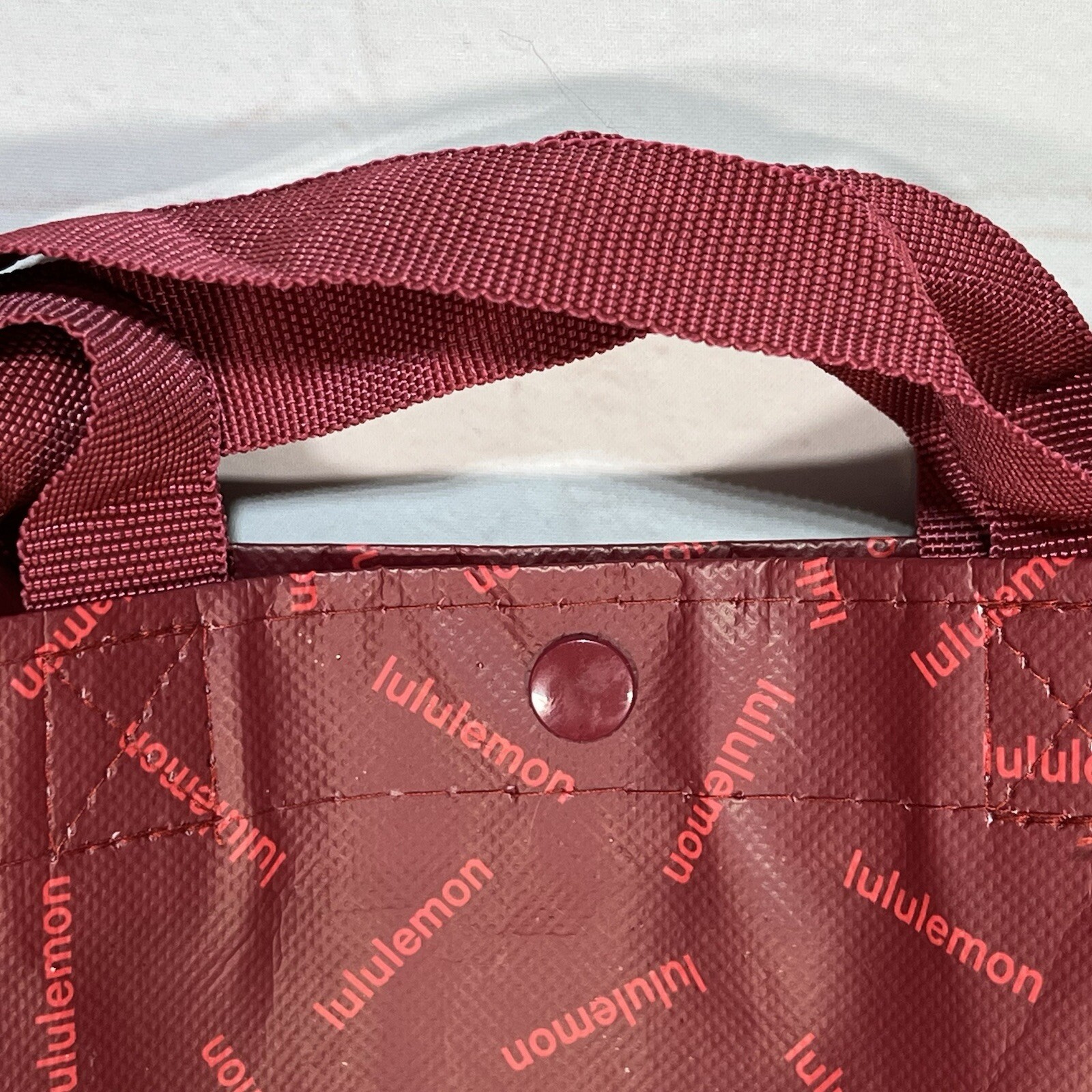 Lululemon Reusable Tote Shopping Bag Maroon All Over Print Logo 11x9x4