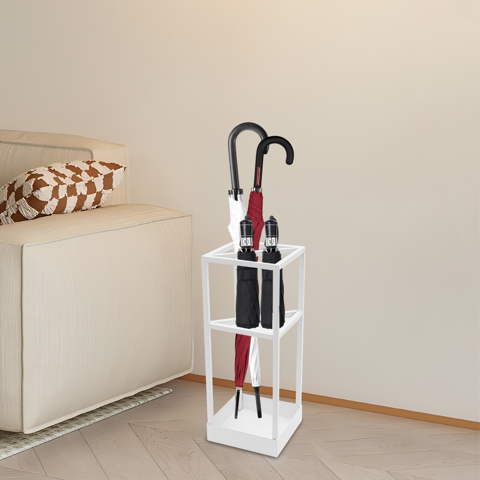 Metal Square Umbrella Rack Cane Holder Modern Entryway Umbrella Rack w/Drip Tray