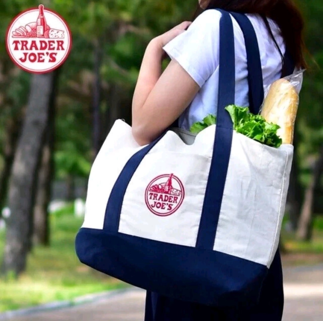 Trader Joe’s Large Canvas Tote Bag – Navy Blue, Heavy Duty Bag – Exterior pocket