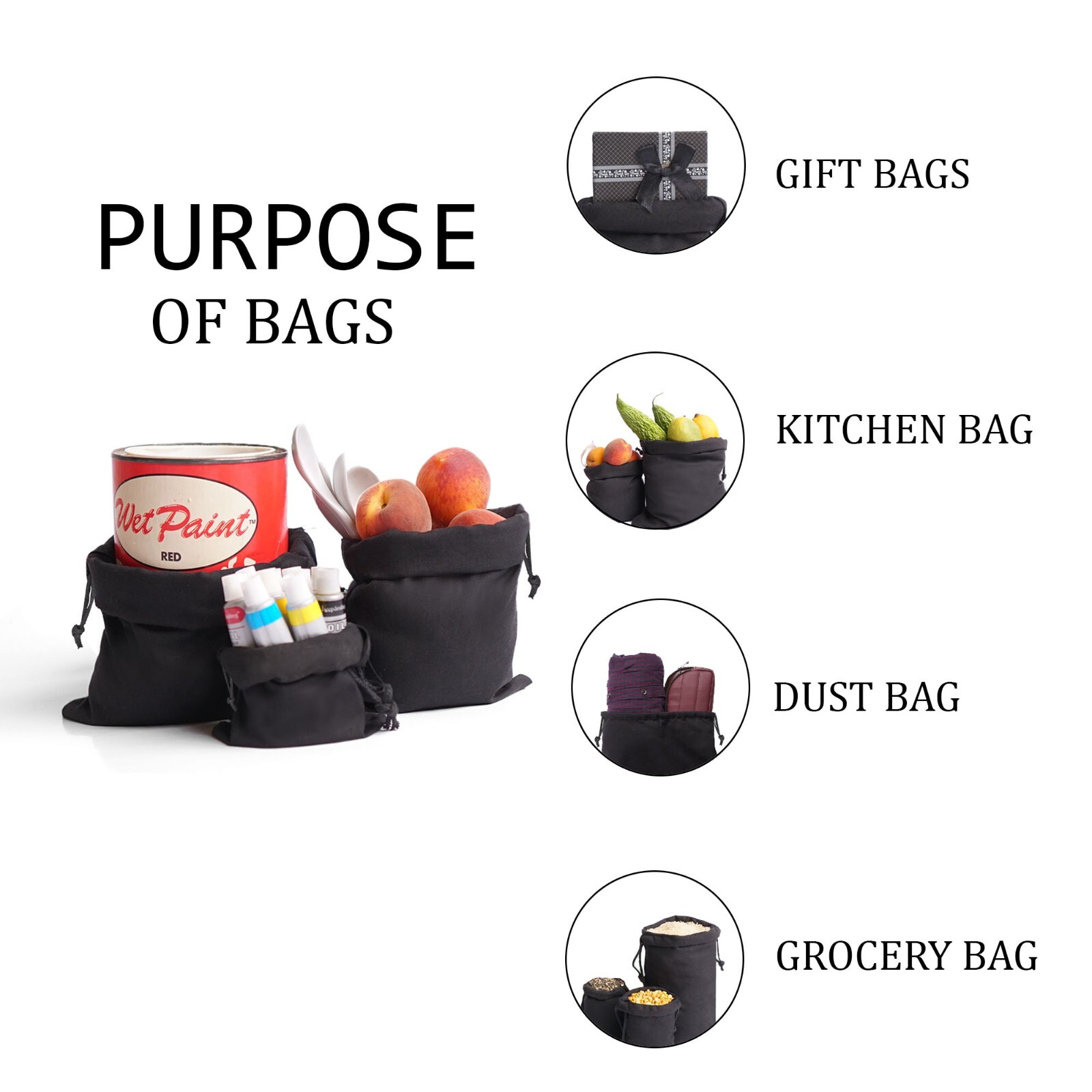 Biglotbags – Premium Black 145 GSM Cotton Single Drawstring Reusable Muslin Bags