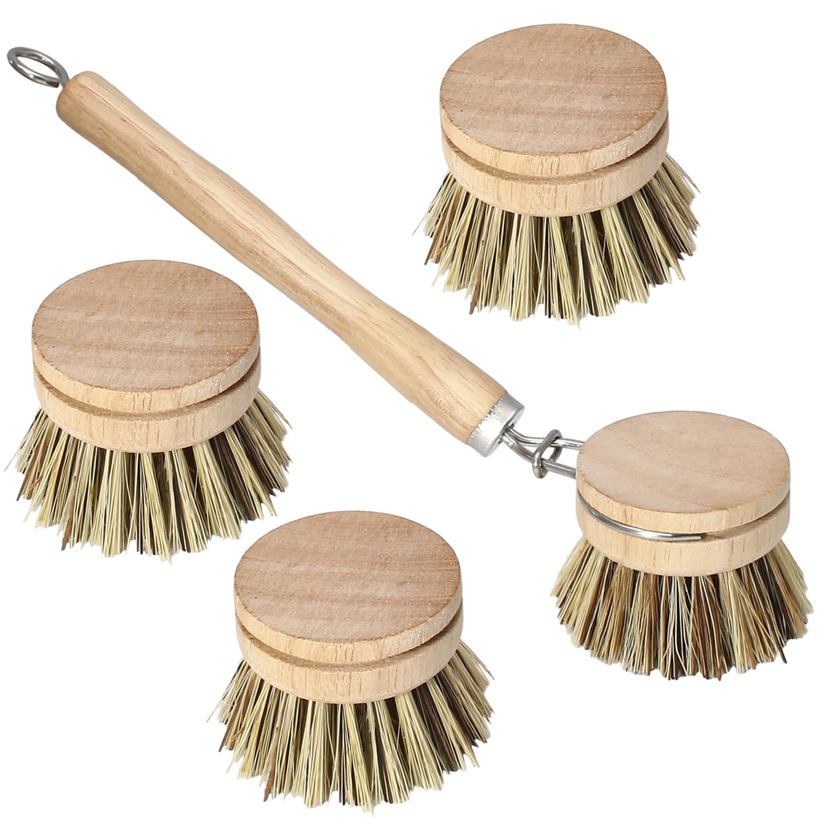 4PCS Wooden Dish Brush Set Natural Palm Bristles Wood Handle for Eco Kitchen