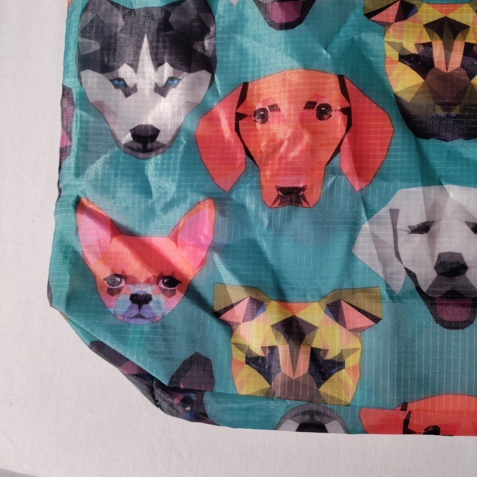 BeeGreen Reusable Nylon Shopping Teal/ Blue Tote Bag with Dog Faces All Over