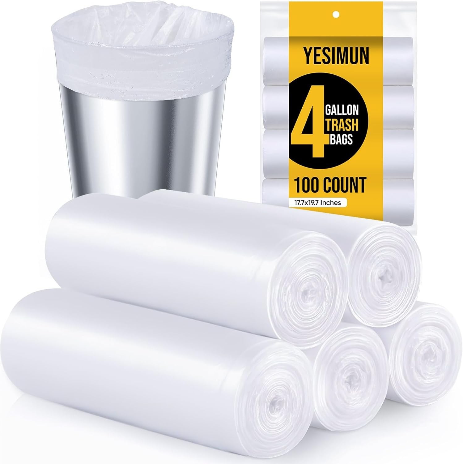 100 PC 4 Gallon Trash Bags Liner Kitchen Small Garbage Rubbish Bags 5 Roll White