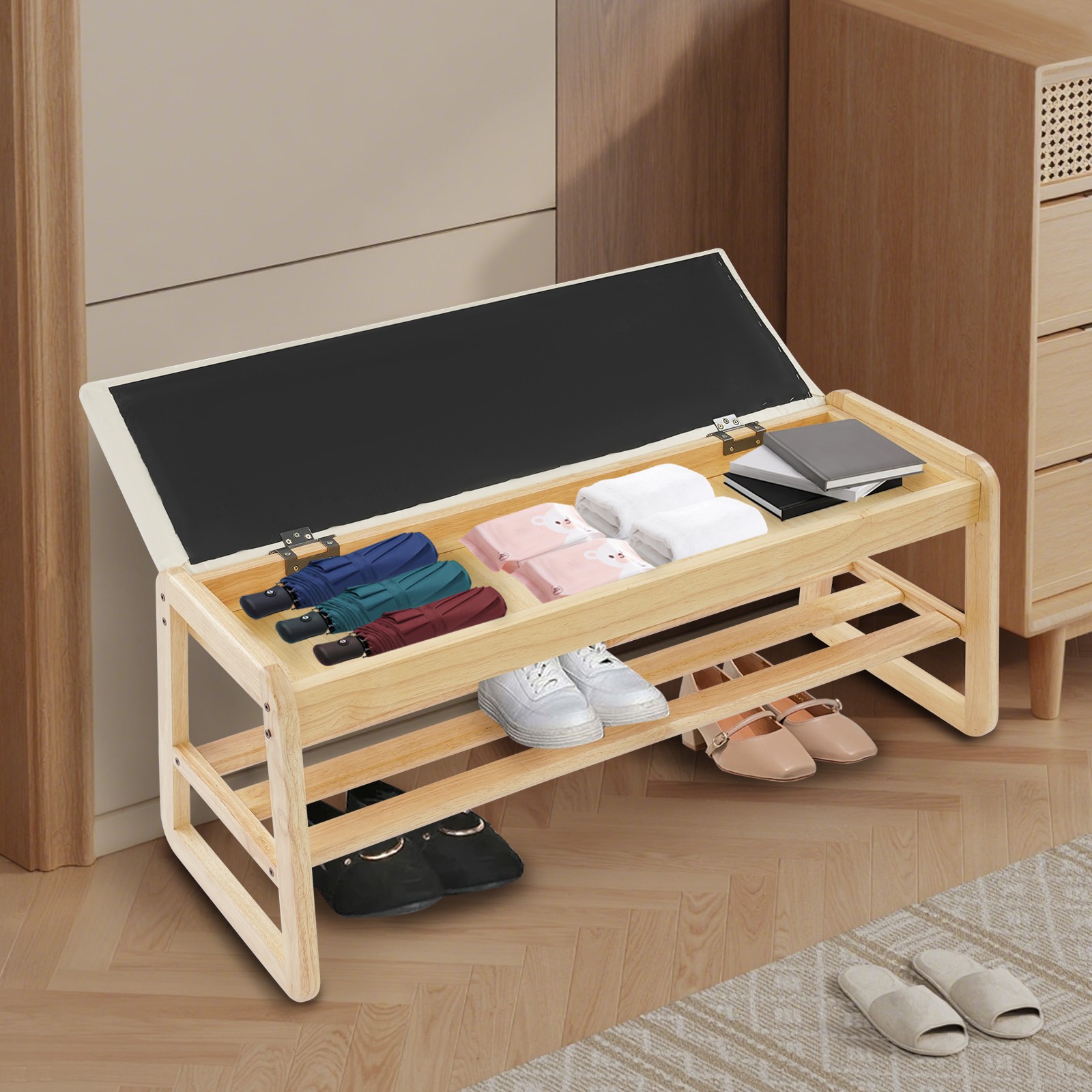 2 Tiers Shoe Rack Bench Entryway Storage Stool w/ Cushion Boots Organizing Chair