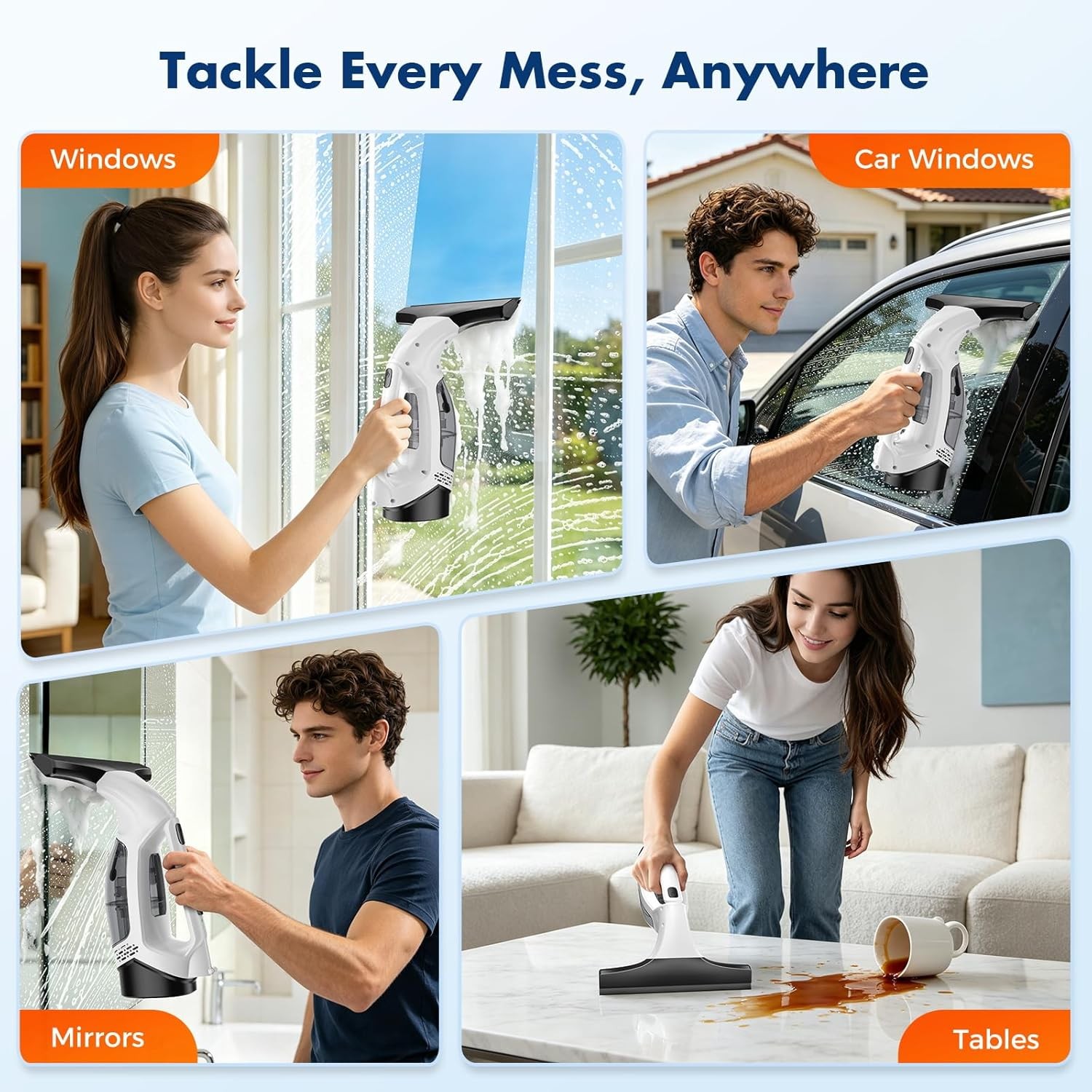 Window Vacuum Squeegee Cordless, 2000Pa Electric Window Cleaner Tool