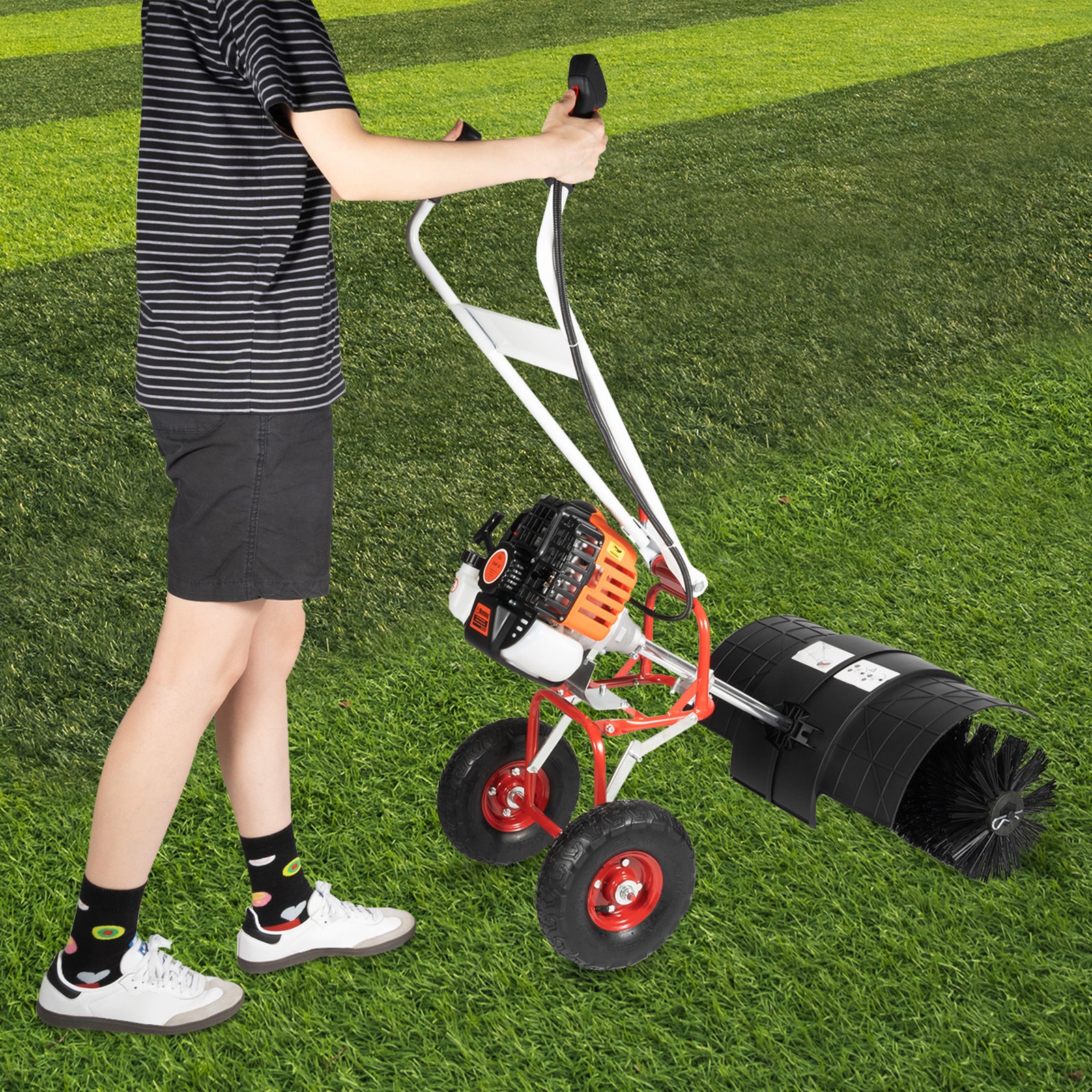 Walk Behind 52cc Power Broom Snow Driveway Sweeper Cleaner Artificial Grass USA~