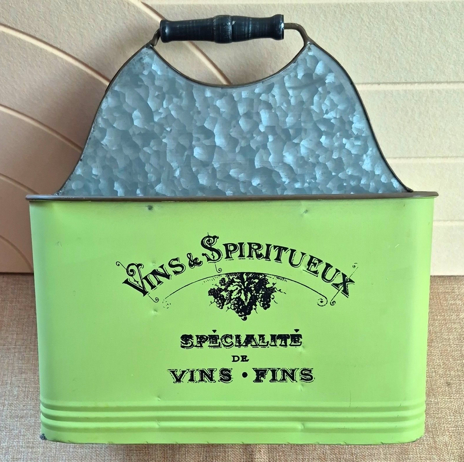 Green/Gray Metal Storage Bin, Wine Caddy w/ Handle, 6 Compartments 12x8x12