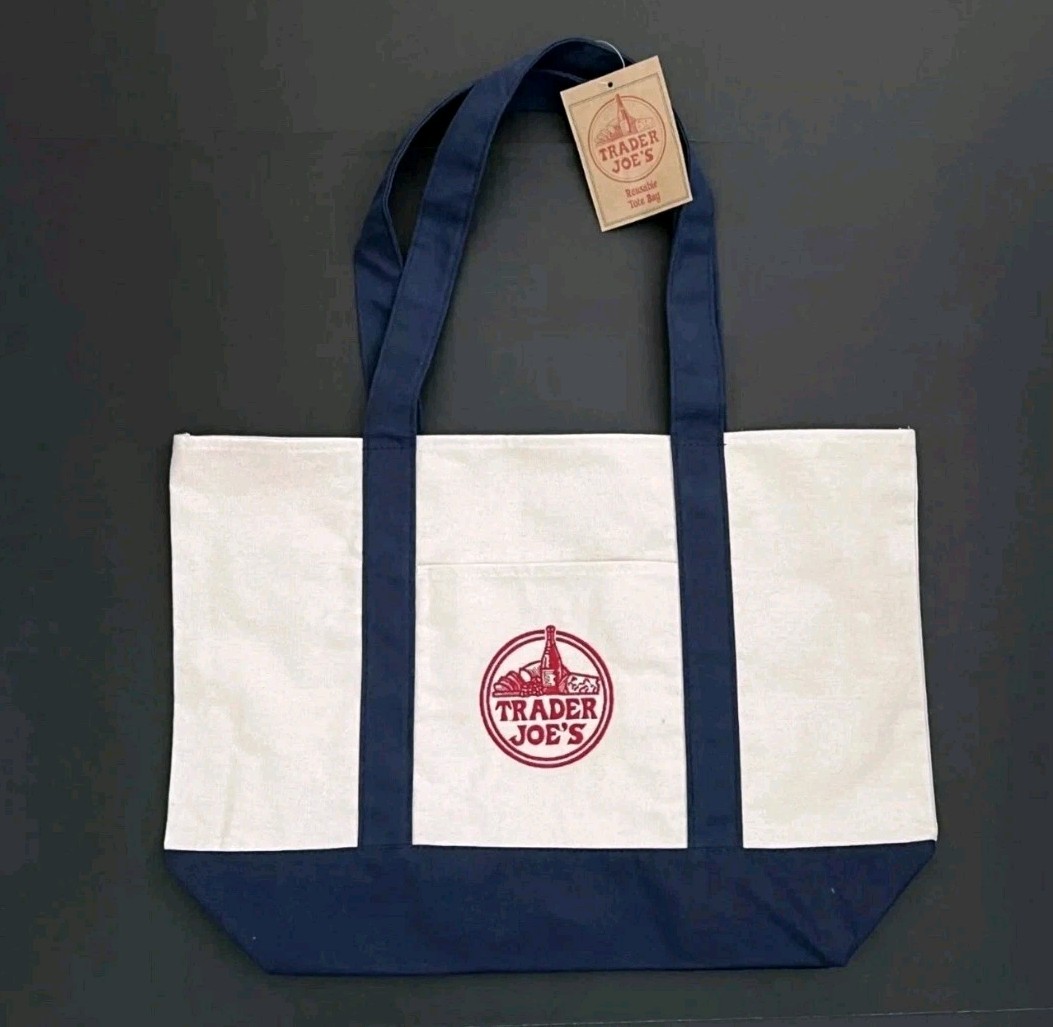 Trader Joe’s Large Canvas Tote Bag – Navy Blue, Heavy Duty Bag – Exterior pocket