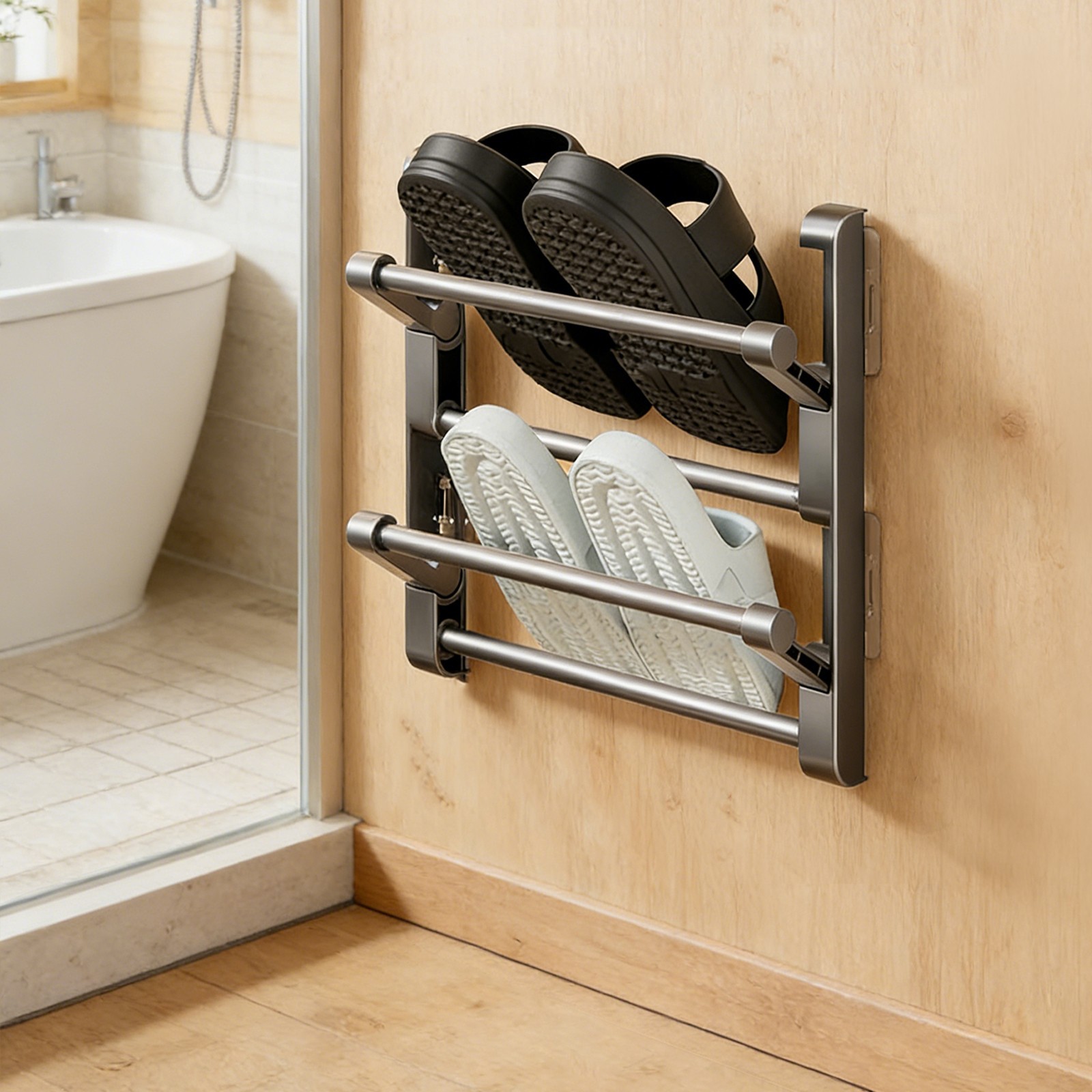 2 Tiers Bathroom Slipper Rack, Wall-mounted Foldable Shoe Rack For Behind Doors