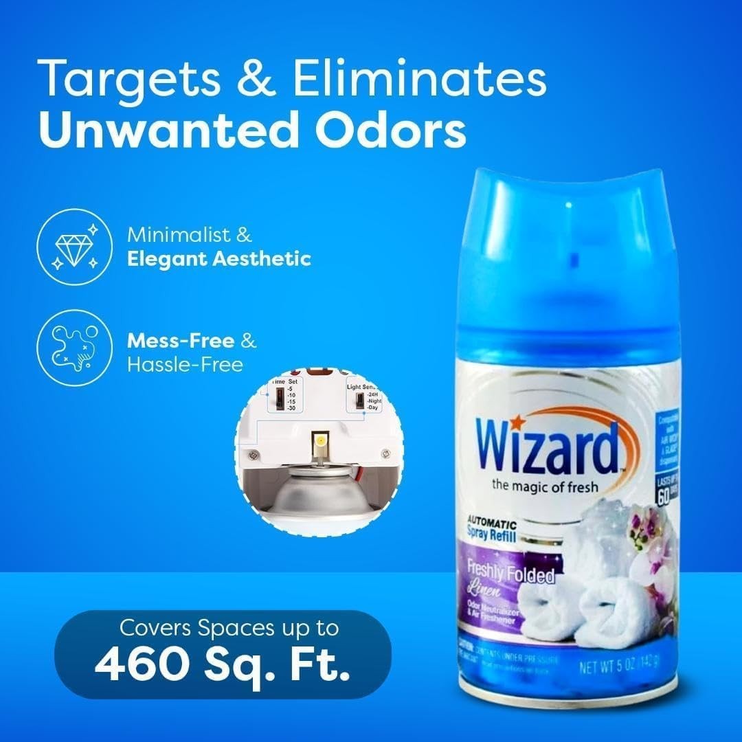 3 Wizard Automatic Spray Refills 5oz Freshly Folded Linen Air Freshener Refill