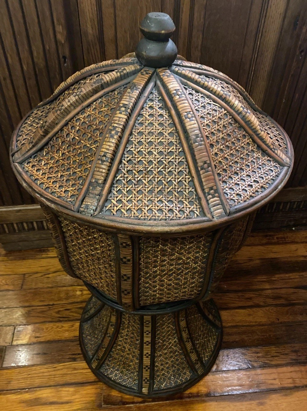 Chinese Tinalik Basket Storage Container Intricate Woven Rattan 31″ T 17″ D