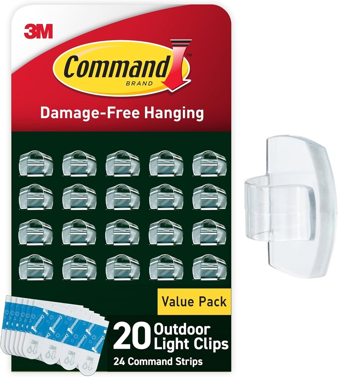 20 pack of 3M Command Outdoor Light Clips 20 Clear Hooks with 24 Handing Strips