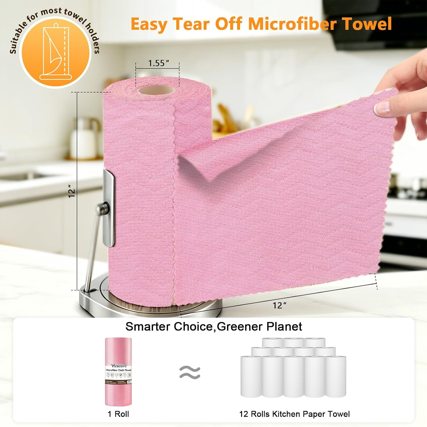Viraelive Microfiber Cleaning Cloth Roll, 50 Pack, Pink Wave, 12″x12″ | Super…