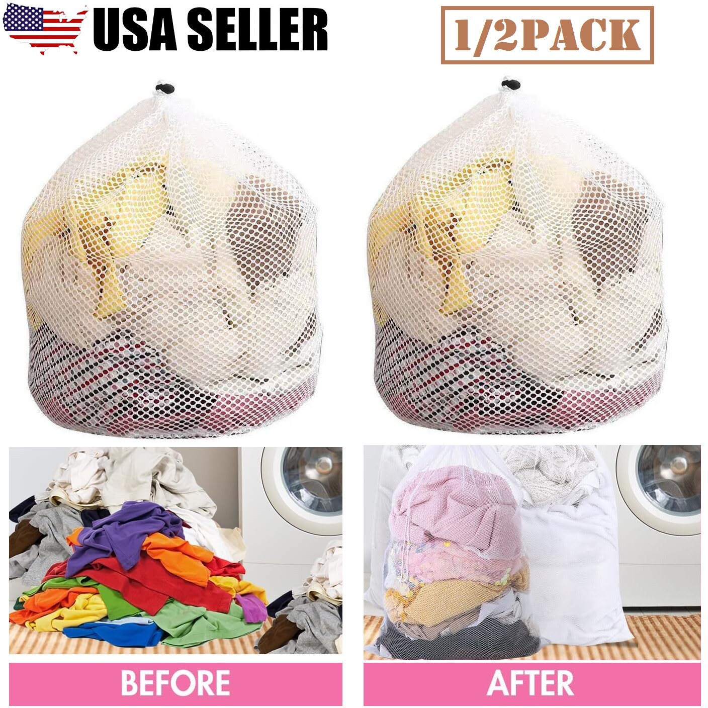 2× Heavy Duty Laundry Bag Large Mesh Wash Clothes With Drawstring Top Closure US